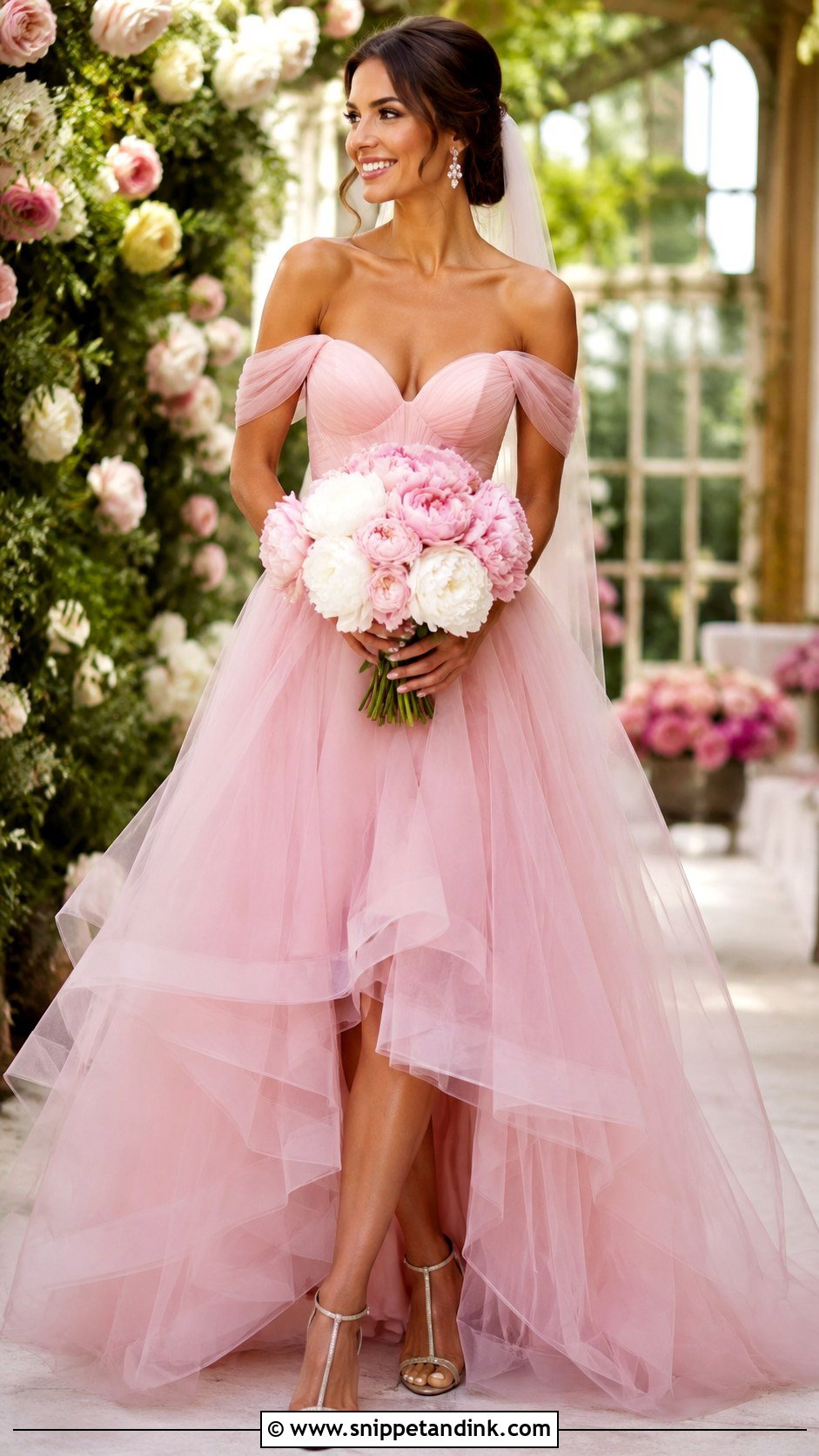Pink Off the Shoulder Tulle Gown - Snippet and Ink - 20 Pink Bridal Ideas