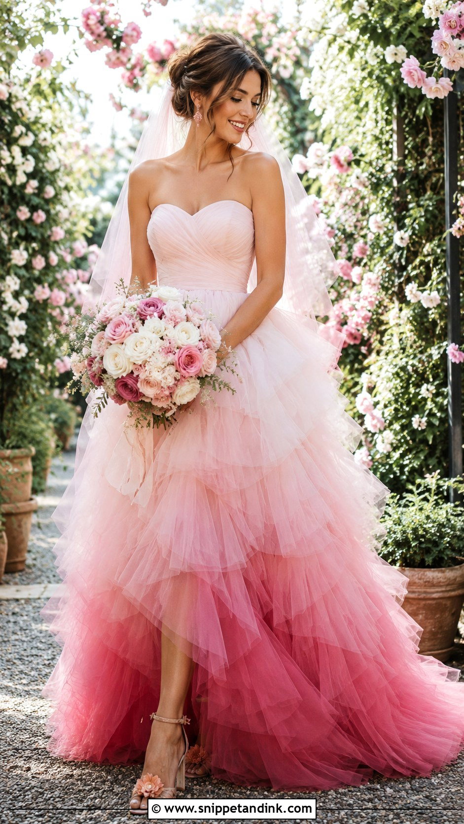 Pink Ombre Wedding Dress With Floral Heels - Snippet and Ink - 20 Colorful Wedding Dresses