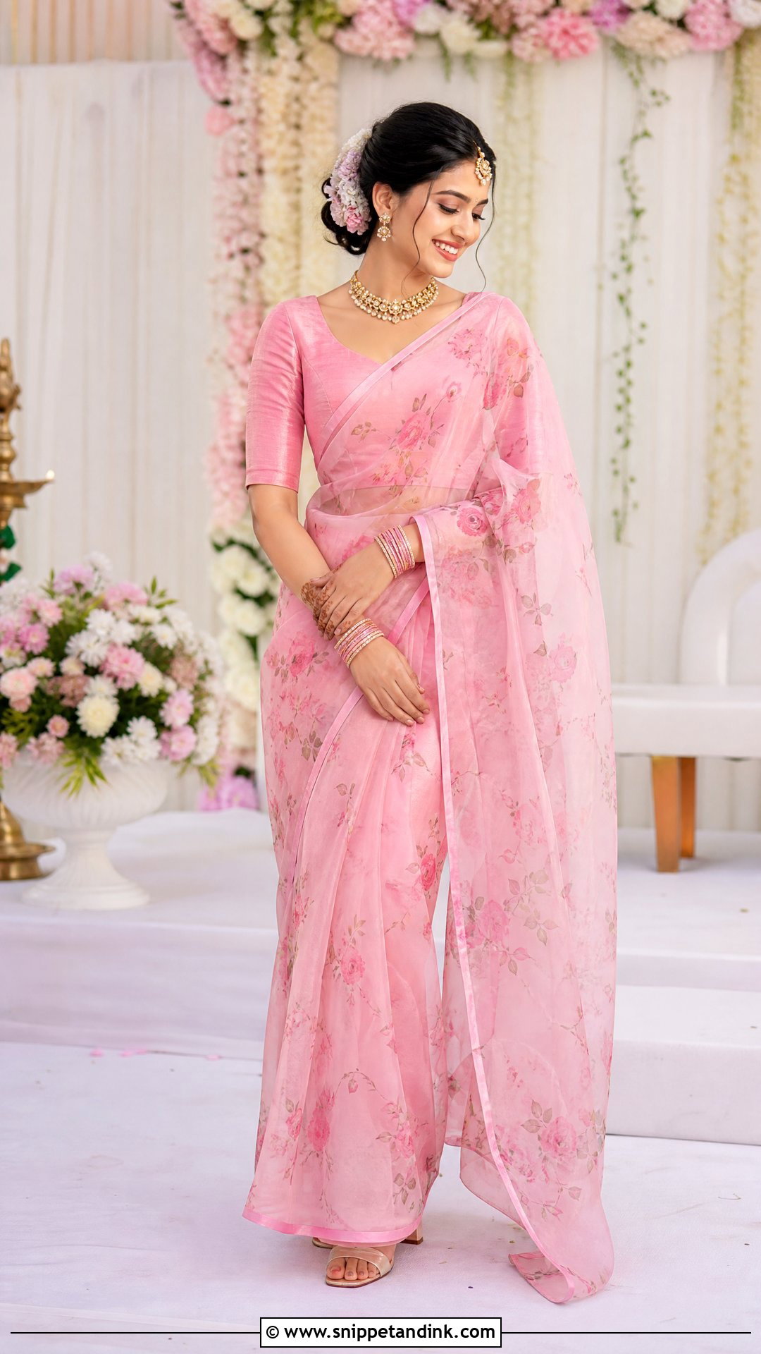 Pink Organza Saree Pellikuthuru Look - Snippet and Ink - 20 Pellikuthuru Look Ideas