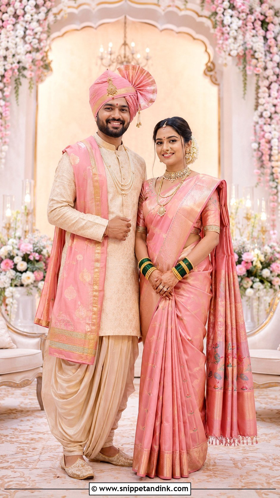 Pink Paithani Bride And Beige Peshwai Groom Look - Snippet and Ink - 25 Peshwai Look for Wedding Couple Ideas