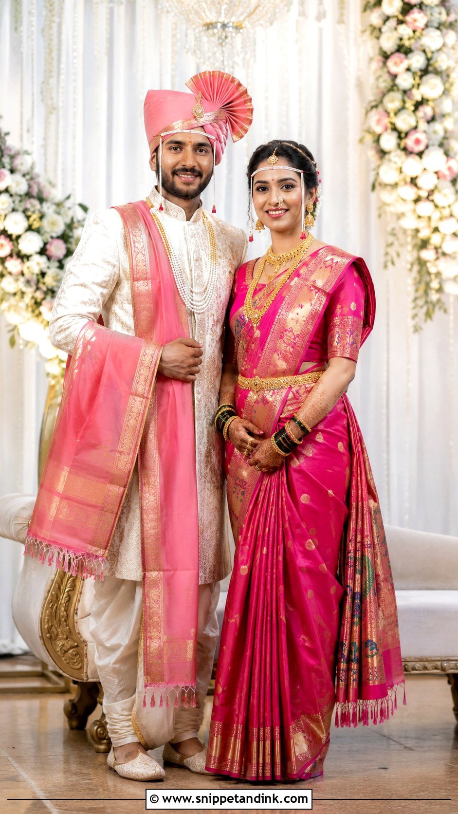 Pink Paithani Saree And Ivory Sherwani Couple Outfit - Snippet and Ink - 25 Maharashtrian Wedding Couple Outfits