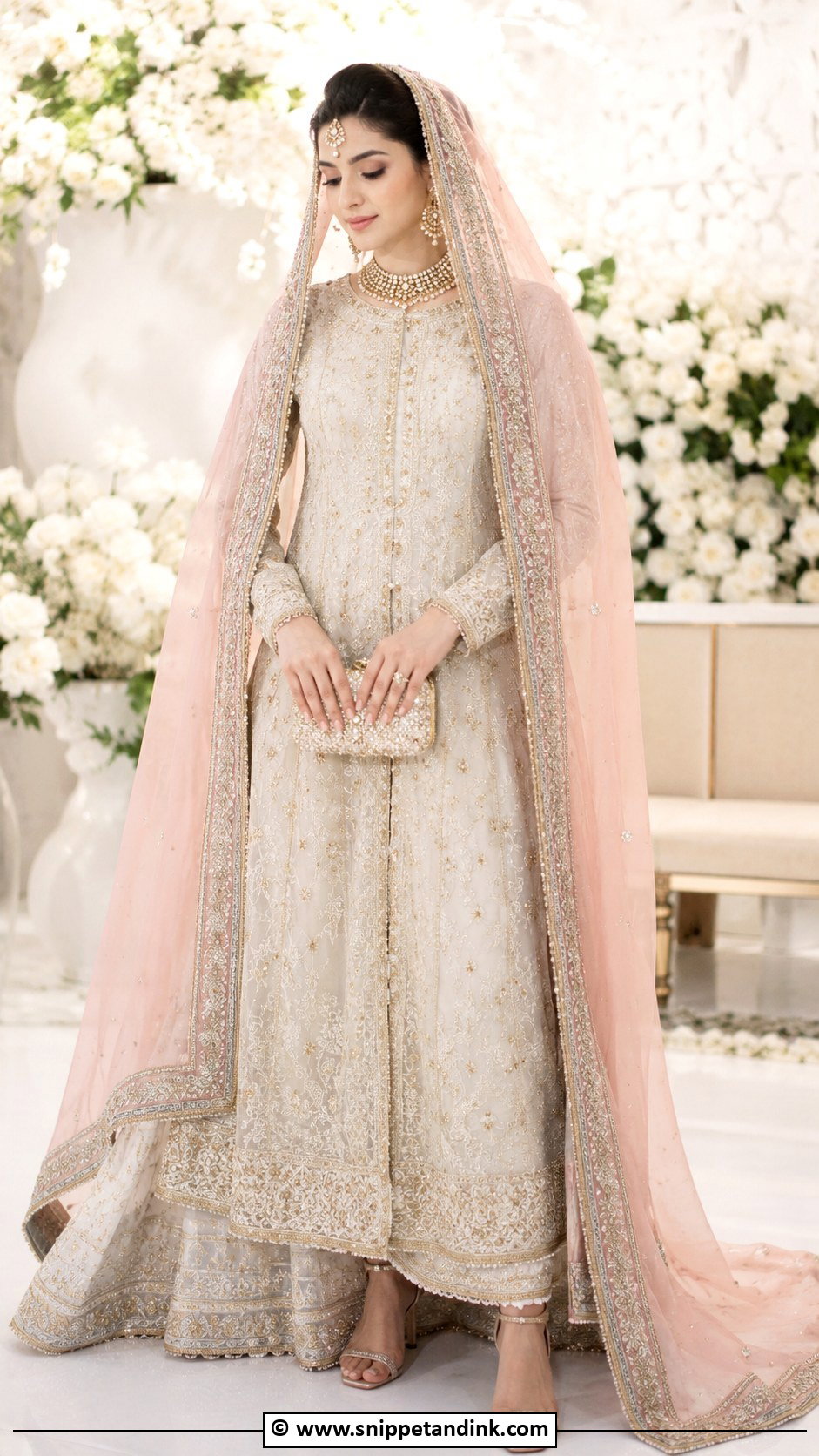 Pink Pakistani Bridal Dupatta With Ivory Dress - Snippet and Ink - 30 Pink Pakistani Bridal Dress Ideas