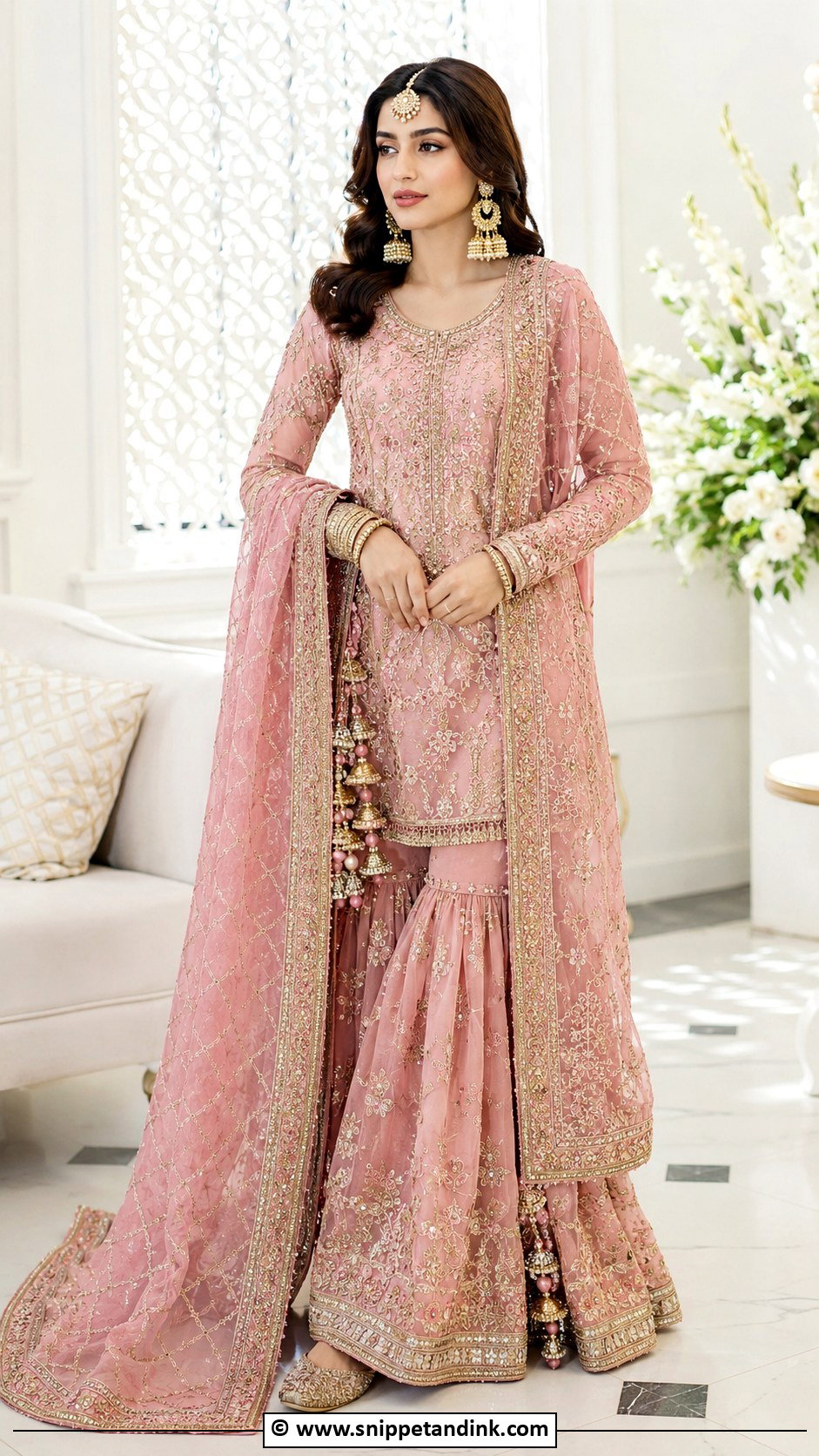 Pink Pakistani Bridal Long Shirt With Gharara - Snippet and Ink - 30 Pink Pakistani Bridal Dress Ideas