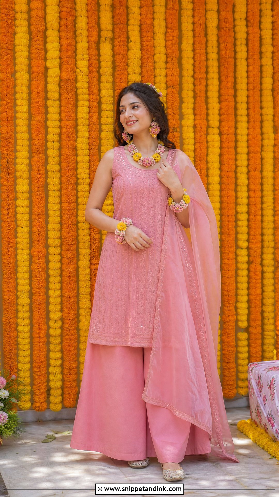 Pink Palazzo Suit With Floral Jewelry For Haldi - Snippet and Ink - 20 Pink Haldi Outfit Ideas