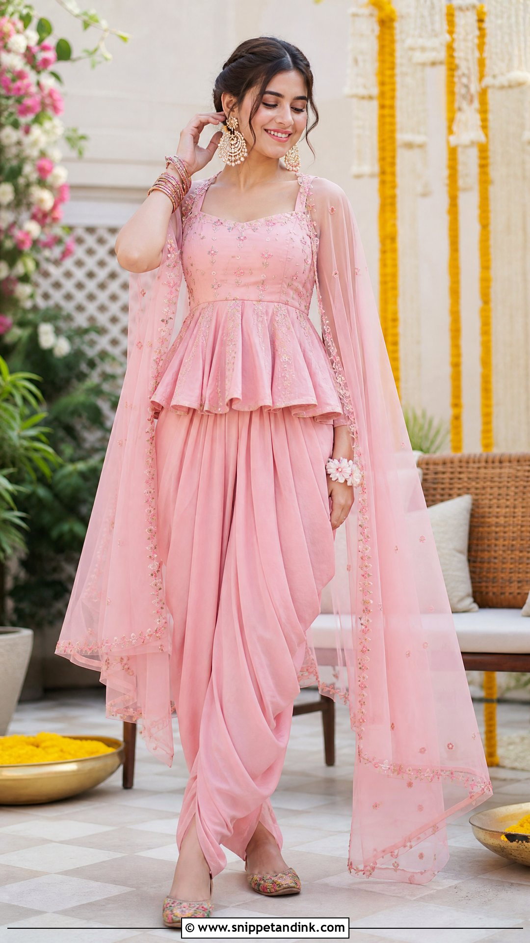 Pink Peplum Top And Dhoti Pants For Haldi - Snippet and Ink - 20 Pink Haldi Outfit Ideas