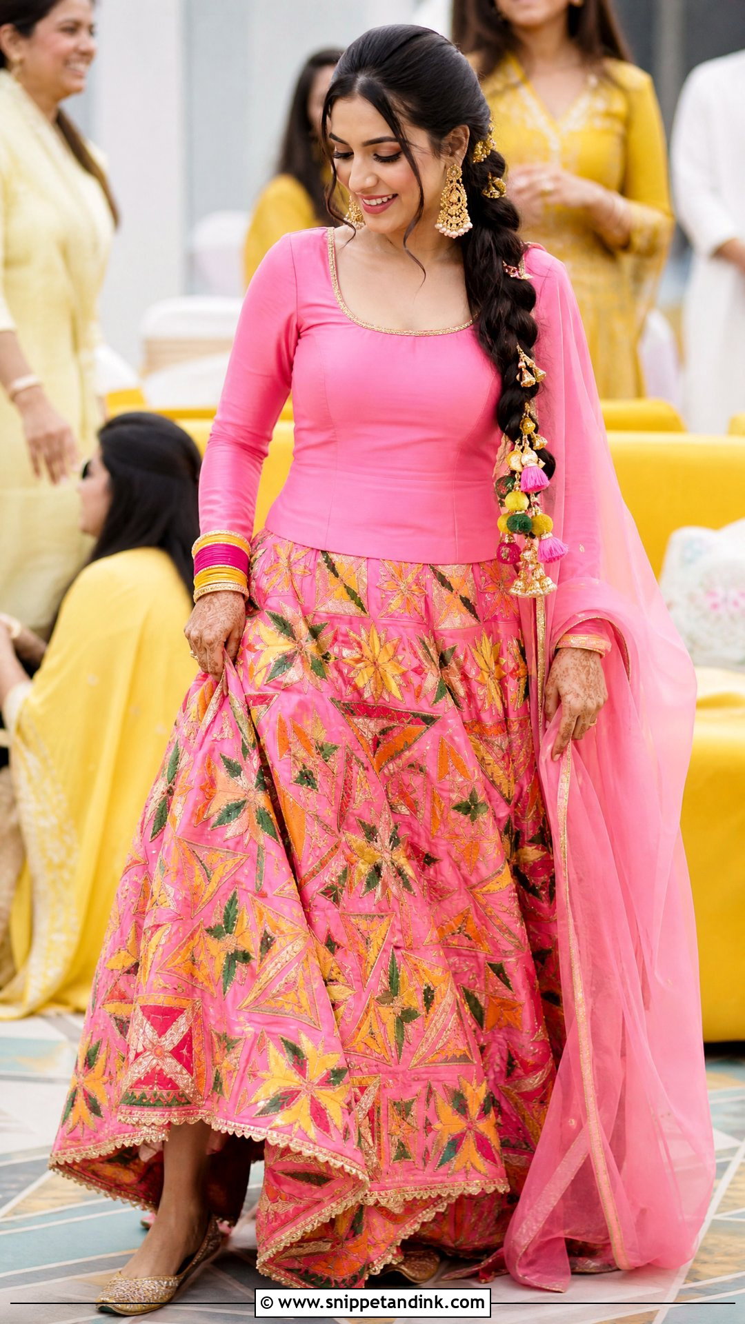 Pink Phulkari Skirt and Kurti for Haldi - Snippet and Ink - 20 Pink Haldi Outfit for Bride Ideas