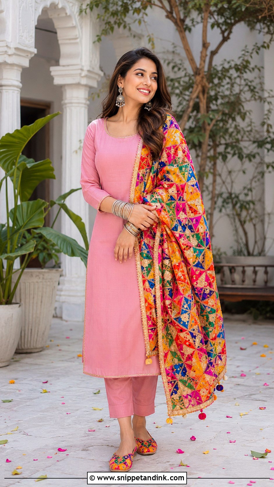 Pink Plain Suit With Heavy Phulkari Dupatta - Snippet and Ink - 30 Plain Suit with Heavy Dupatta Ideas
