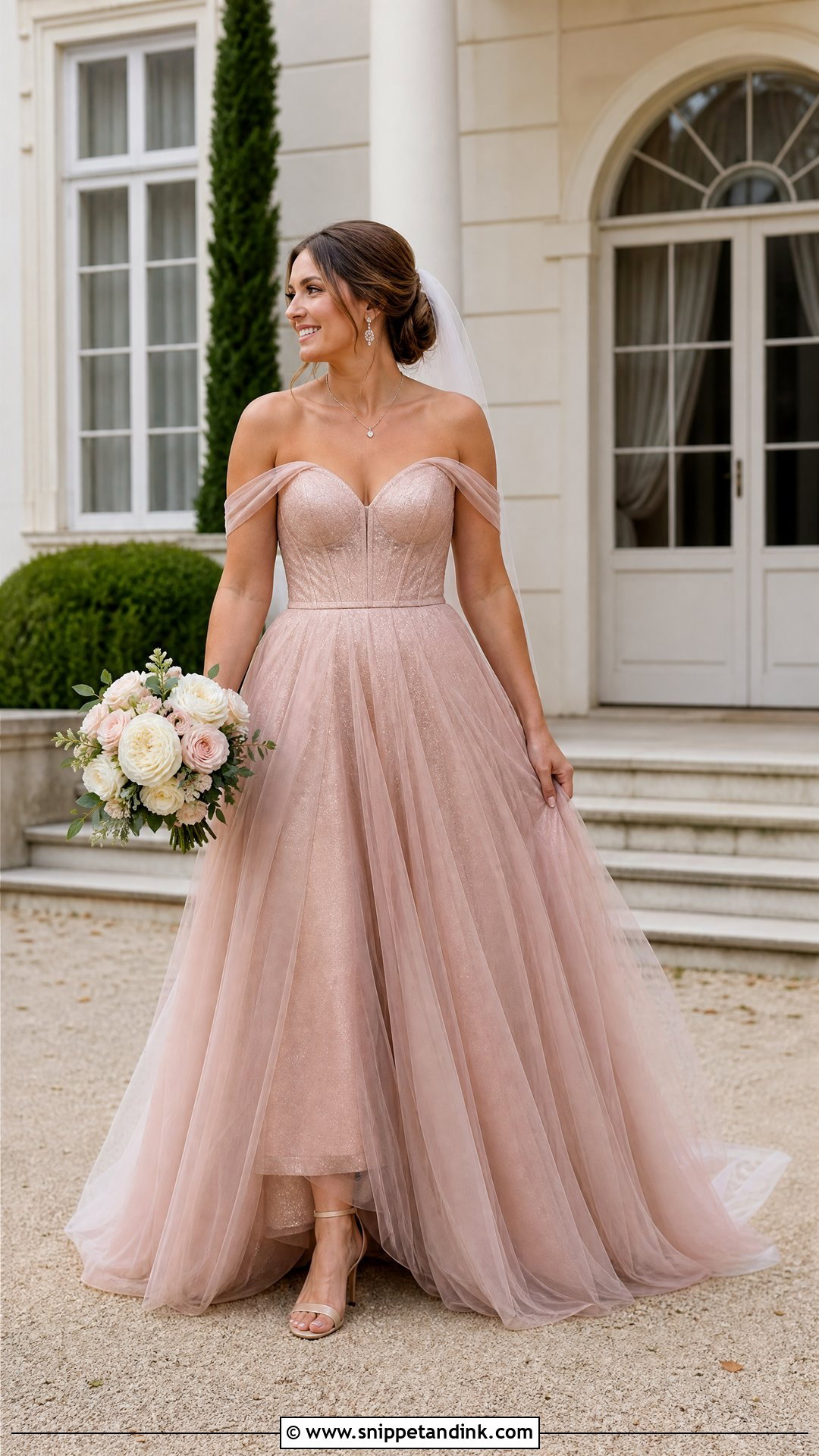 Pink Rose Gold Off the Shoulder Wedding Dress - Snippet and Ink - 20 Pink Rose Gold Wedding Dresses