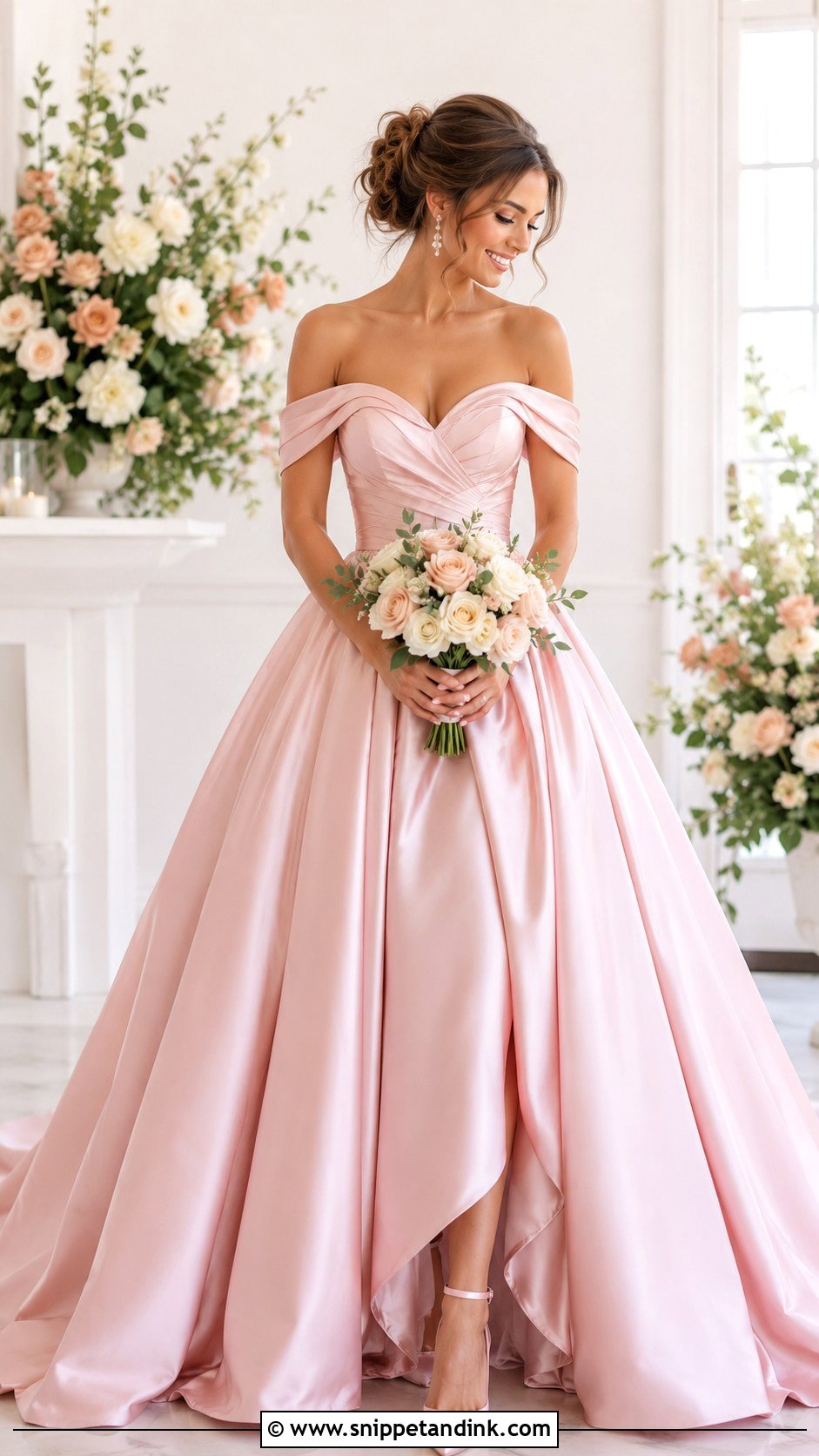 Pink Rose Wedding Dress With Off Shoulder Neckline - Snippet and Ink - 25 Rose Wedding Dress Ideas