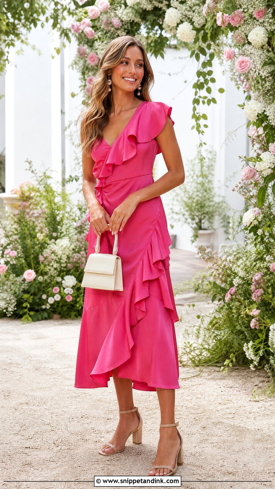Pink Ruffle Dress Garden Party Wedding Outfit - Snippet and Ink - 20 Garden Party Wedding Outfit Ideas