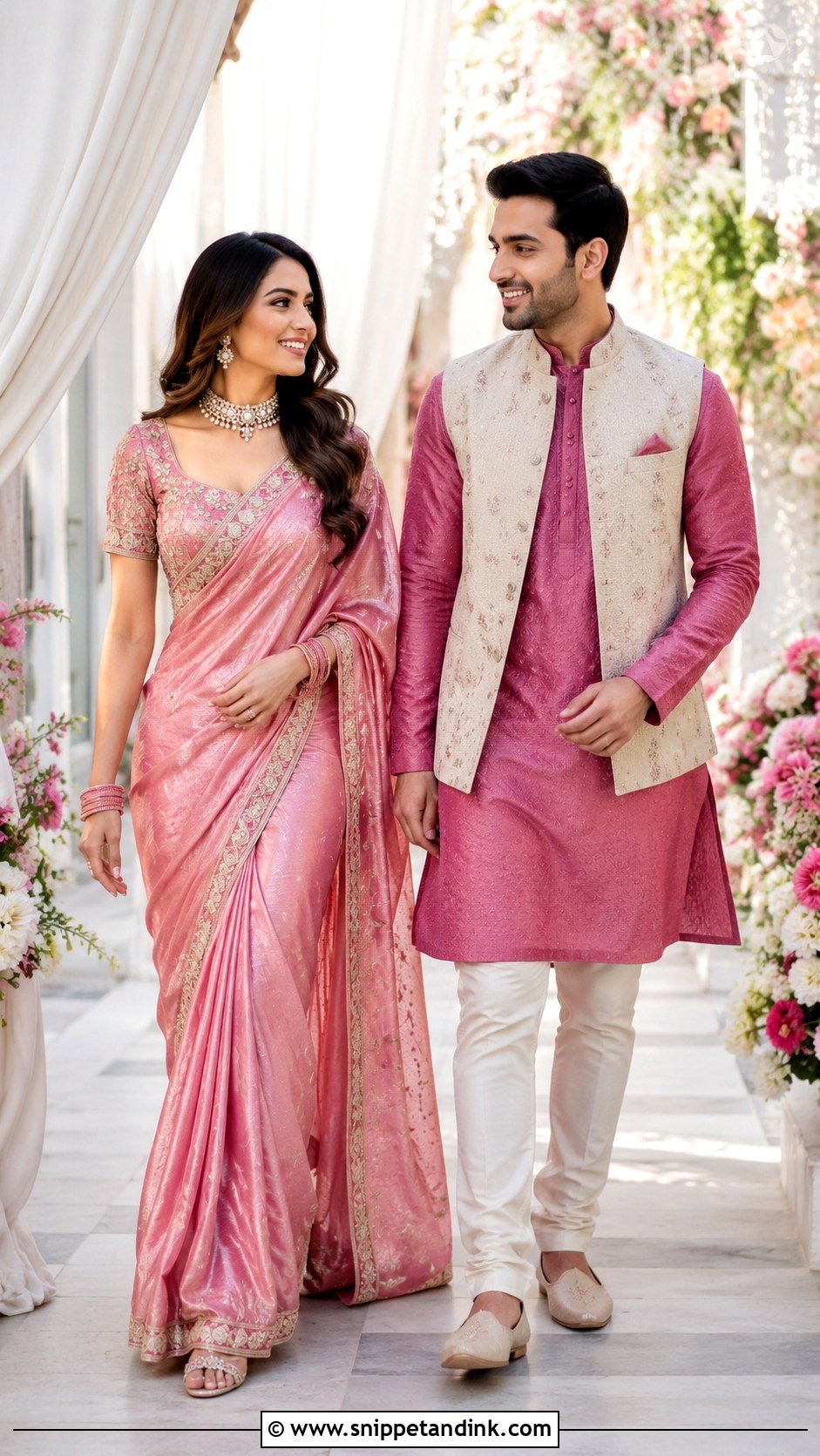 Pink Saree And Matching Kurta Couple Outfit - Snippet and Ink - 20 Couple Matching Indian Outfits