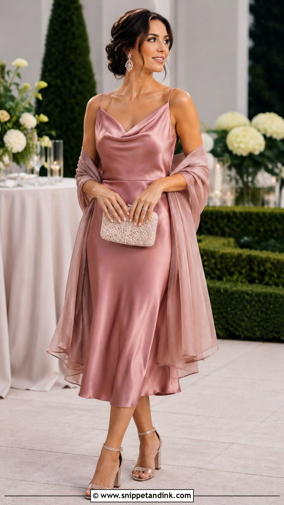 Pink Satin Midi Dress With Sheer Wrap - Snippet and Ink - 20 Elevated Garden Party Wedding Attire Ideas