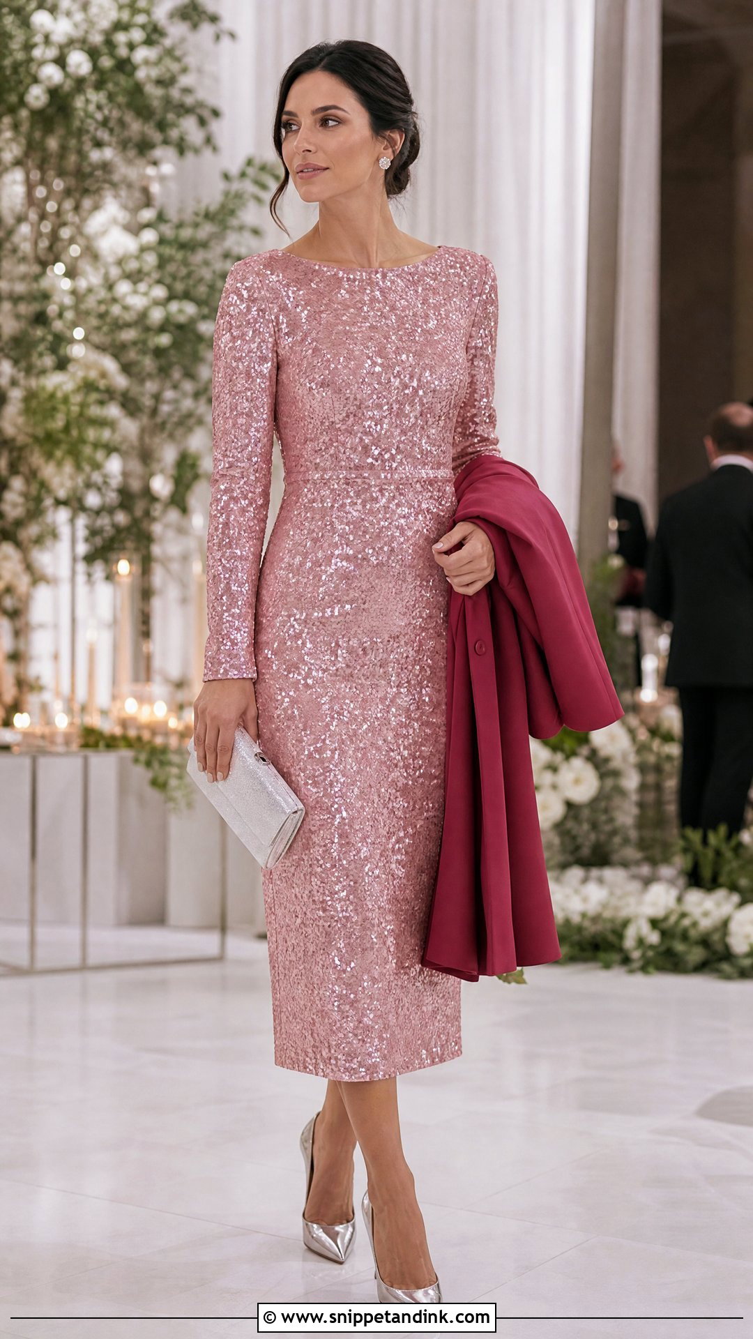 Pink Sequin Midi Dress Wedding Outfit - Snippet and Ink - 20 Pink Wedding Outfit Ideas