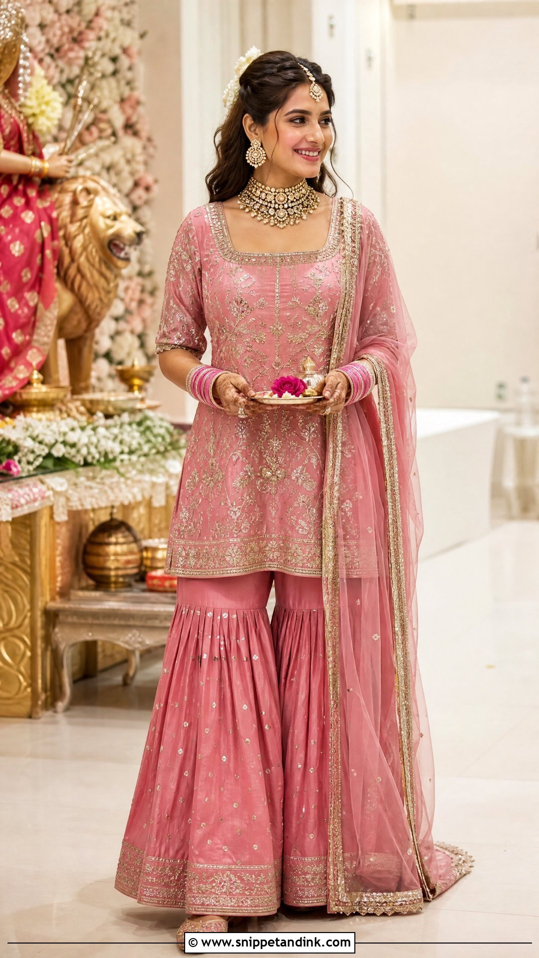 Pink Sharara Mata Poojan Look - Snippet and Ink - 20 Mata Poojan Look for Bride Ideas