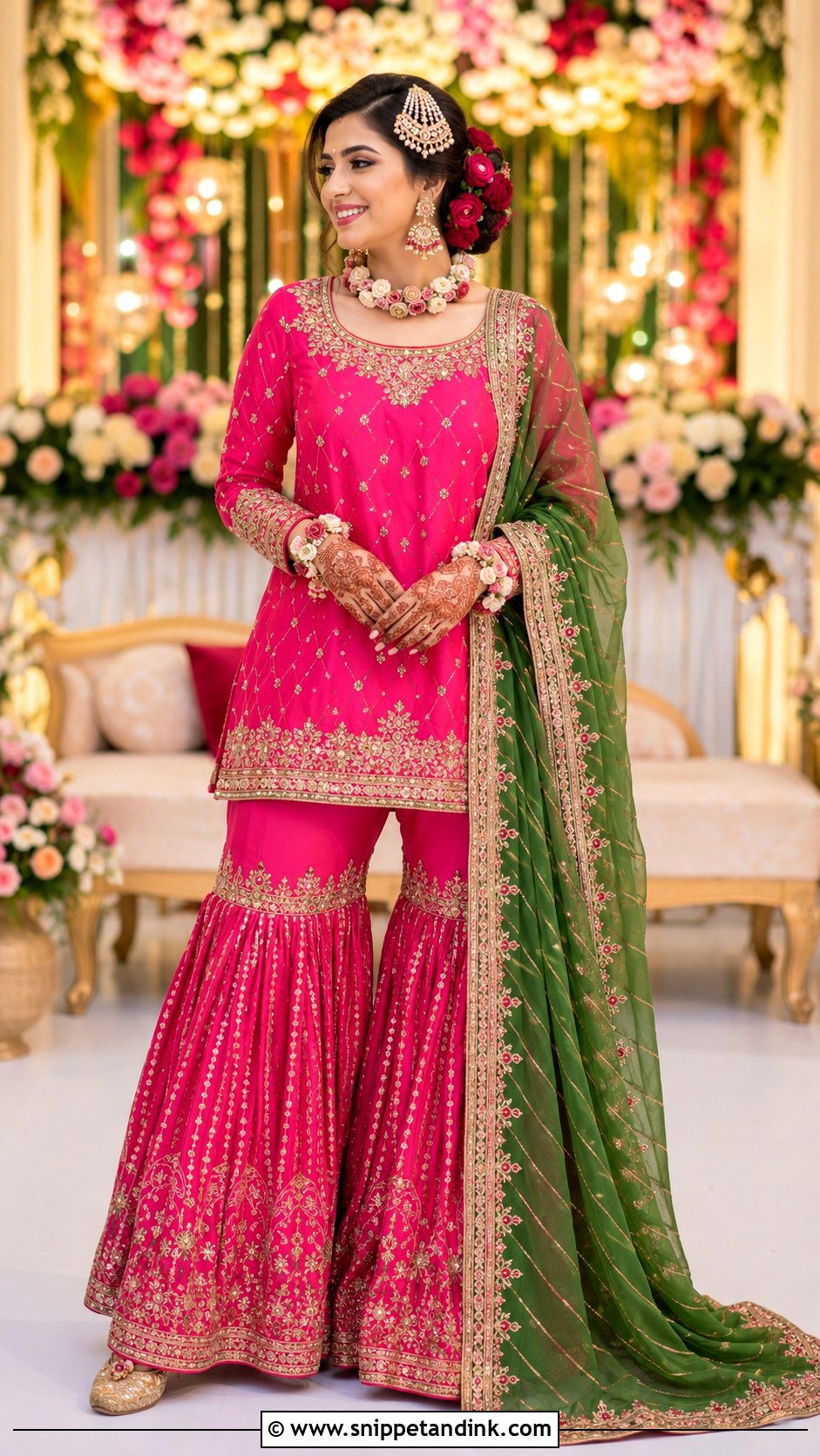 Pink Sharara Mehndi Outfit - Snippet and Ink - 20 Mehndi Ceremony Outfit for Bride Ideas