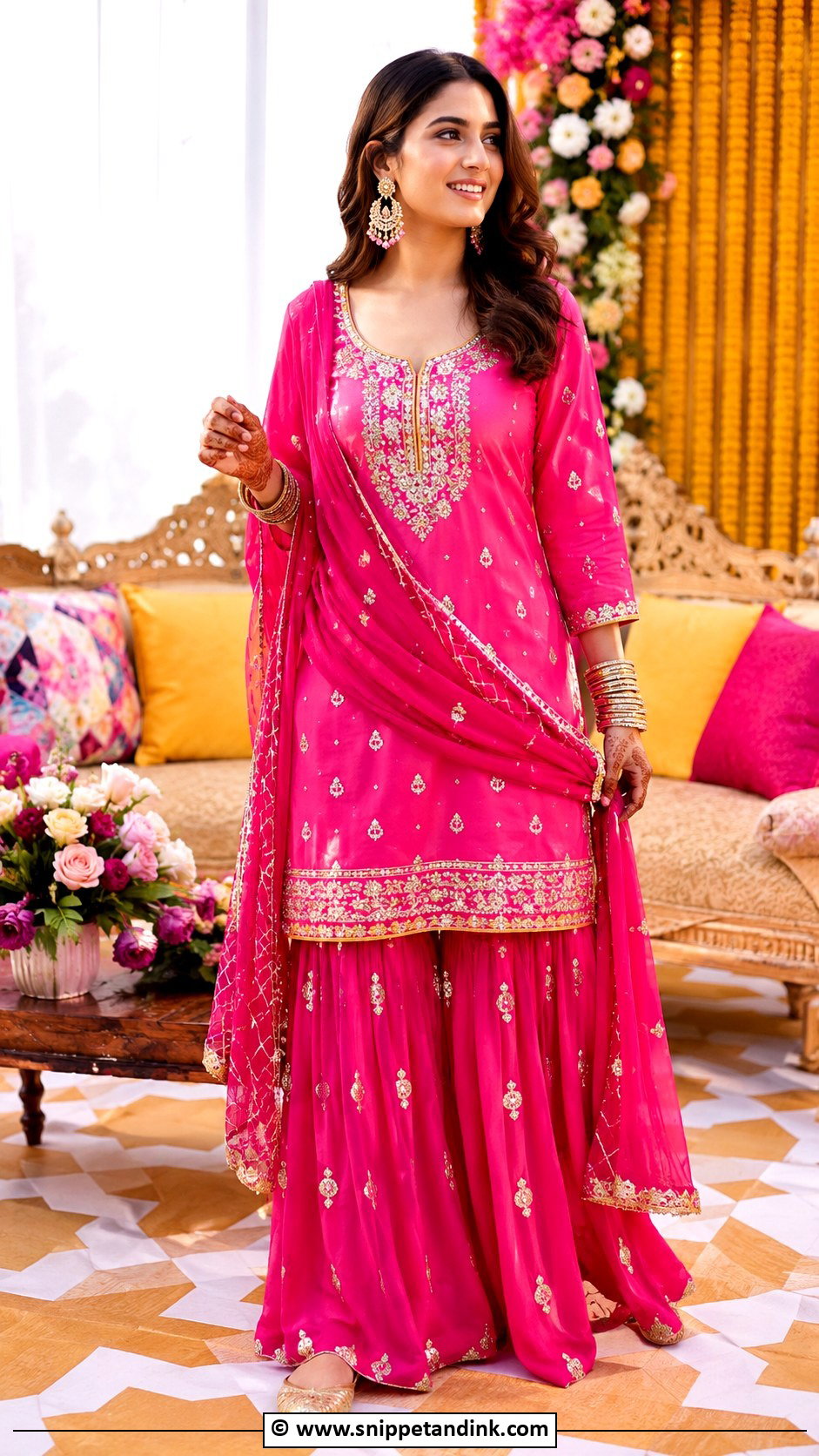 Pink Sharara Set For Mehndi - Snippet and Ink - 25 Haldi Mehndi Outfit Ideas