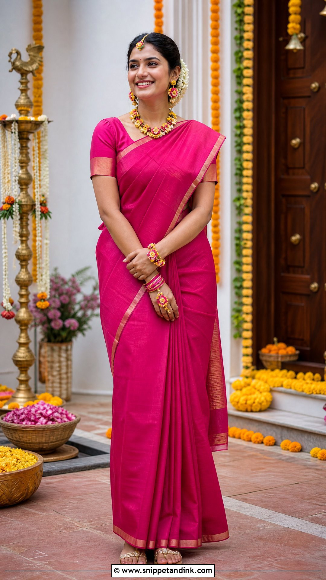 Pink Silk Saree With Floral Jewelry For Haldi - Snippet and Ink - 20 Pink Haldi Outfit Ideas