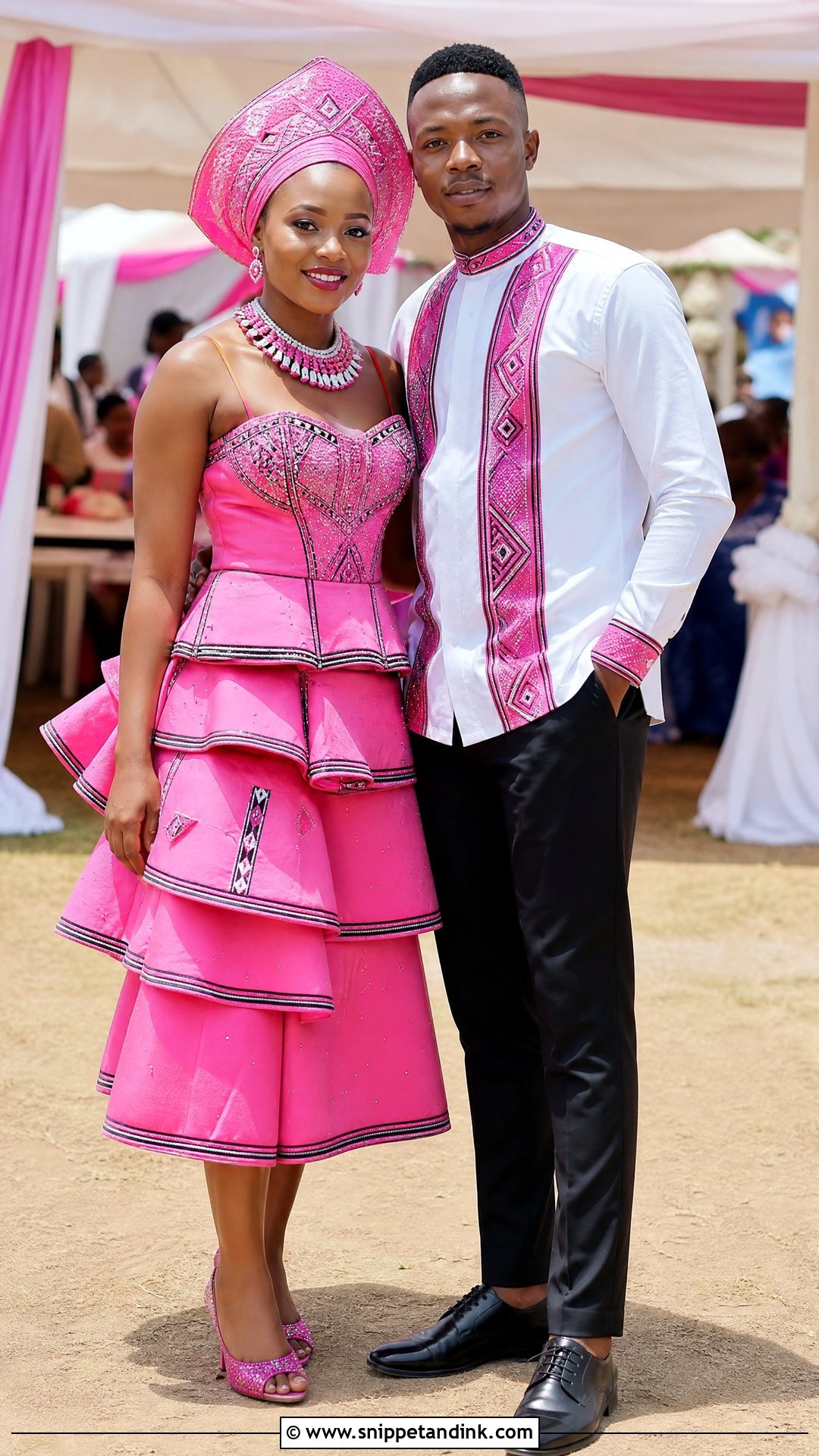 Pink Tsonga Xibelani And Matching Shirt - Snippet and Ink - 20 Tsonga Traditional Attire for Couples Ideas