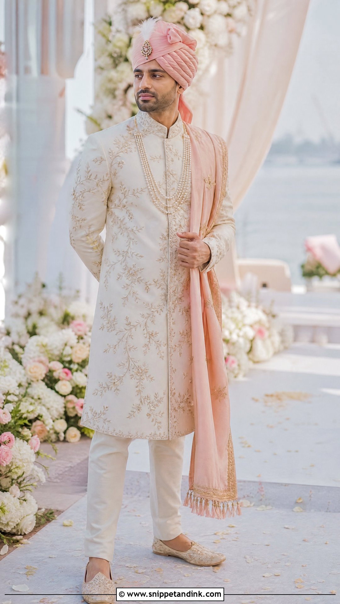 Pink Turban And Ivory Sherwani Outfit - Snippet and Ink - 20 Virat Kohli Wedding Dress Ideas