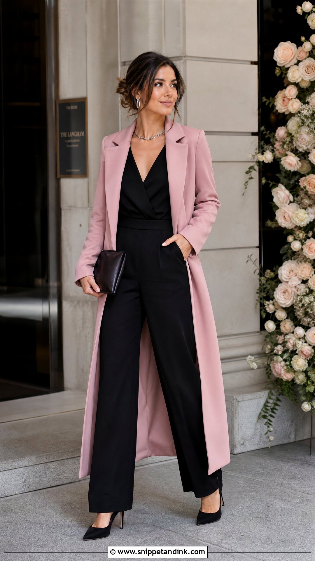 Pink Wedding Coat With Black Jumpsuit - Snippet and Ink - 25 Wedding Coat Ideas