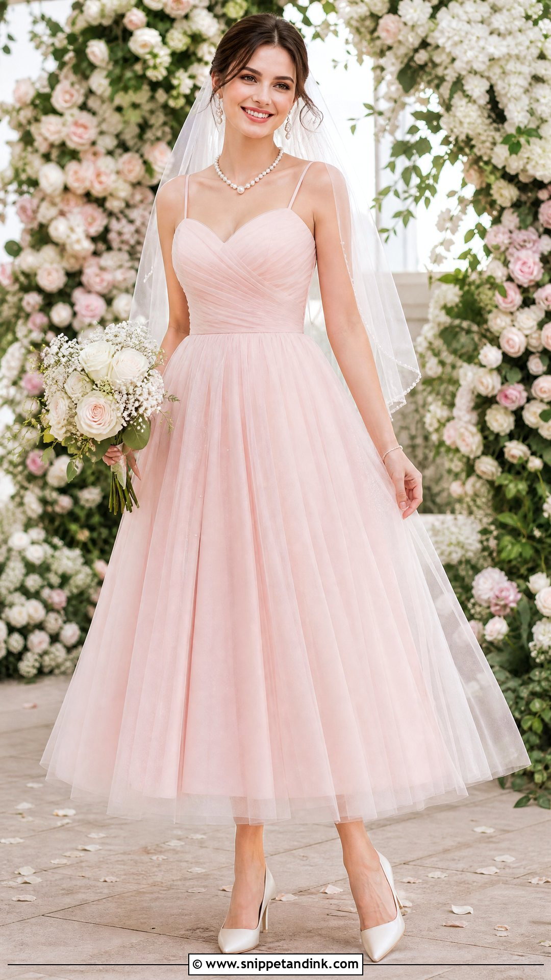 Pink Wedding Dress With Pearl Accessories - Snippet and Ink - 25 Quirky Wedding Dress Ideas