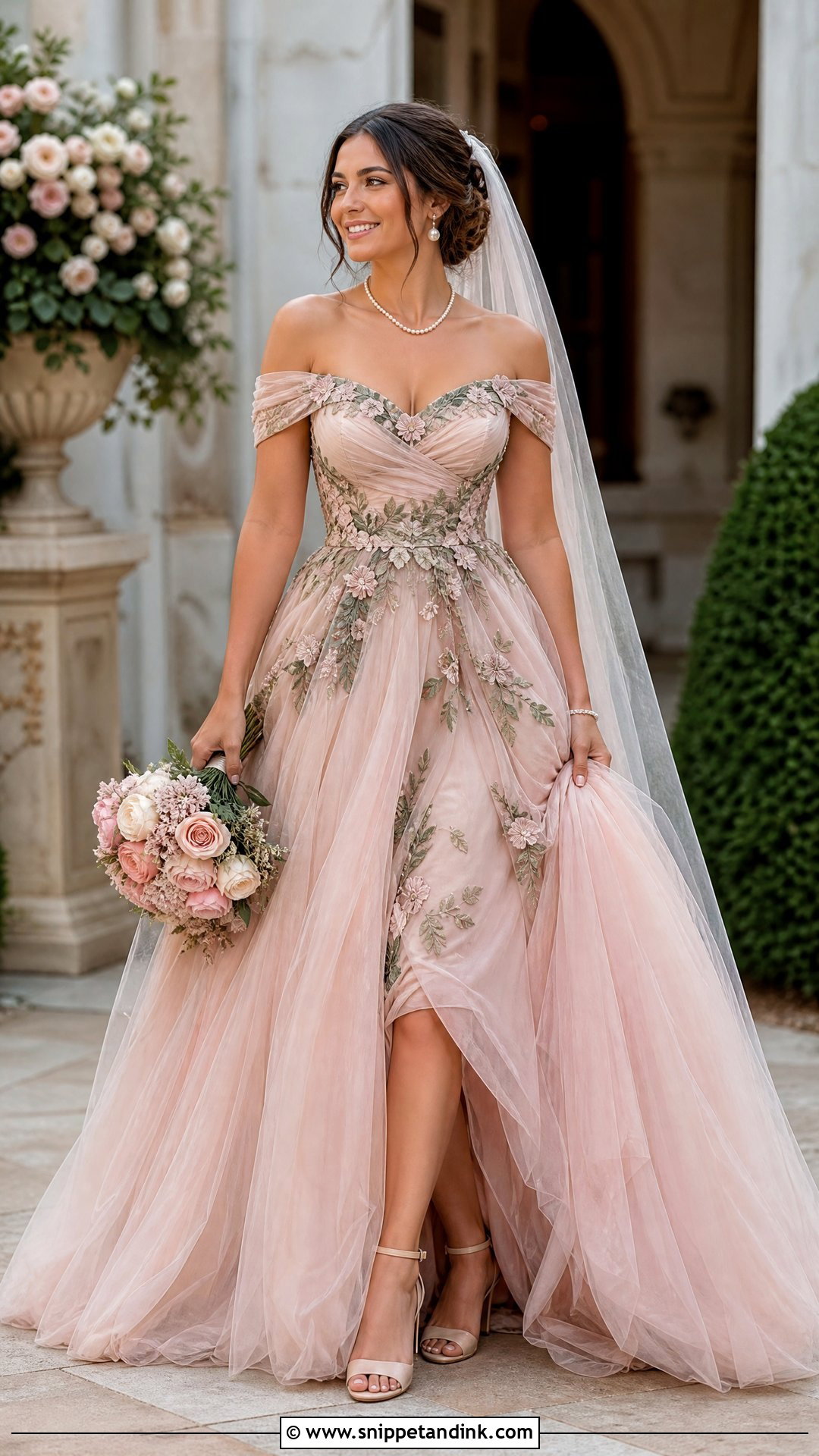Pink and Green Off the Shoulder Wedding Dress - Snippet and Ink - 20 Pink and Green Wedding Dress Ideas