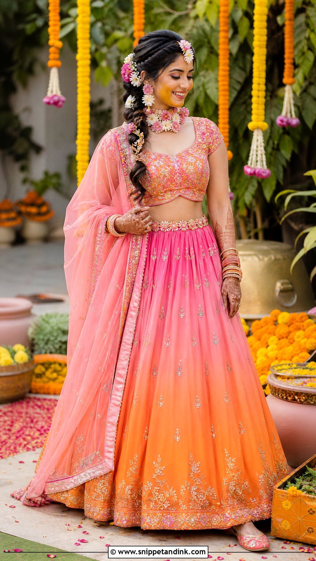 Pink and Orange Ombre Lehenga for Haldi - Snippet and Ink - 20 Pink Outfit for Haldi Ideas