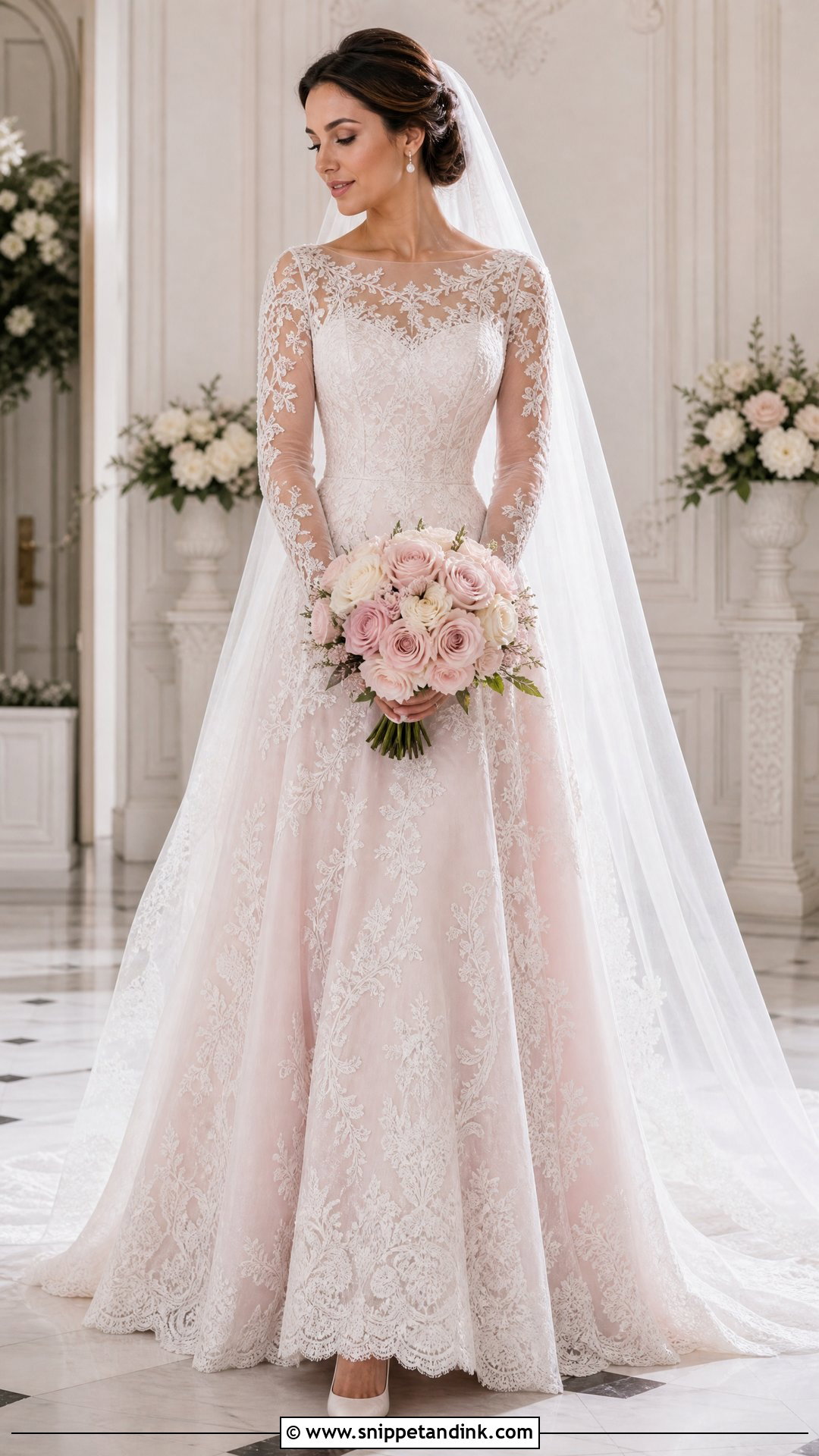 Pink and White Long Sleeve Wedding Dress - Snippet and Ink - 25 Pink and White Wedding Dress Ideas