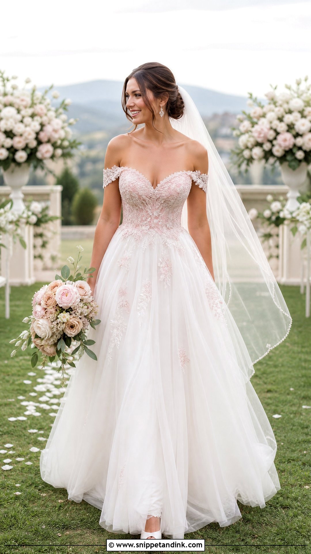 Pink and White Off the Shoulder Wedding Dress - Snippet and Ink - 25 Pink and White Wedding Dress Ideas