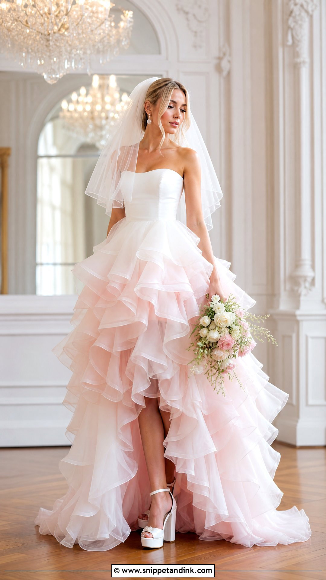 Pink and White Ruffled Wedding Dress - Snippet and Ink - 25 Pink and White Wedding Dress Ideas