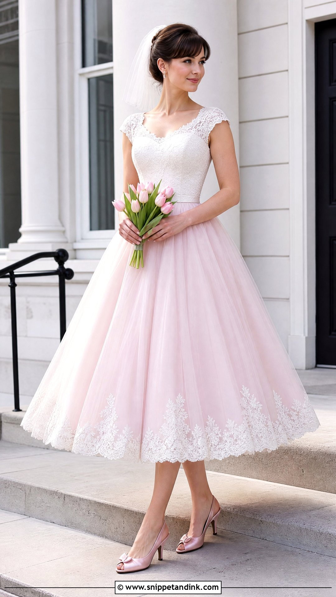 Pink and White Tea Length Wedding Dress - Snippet and Ink - 25 Pink and White Wedding Dress Ideas