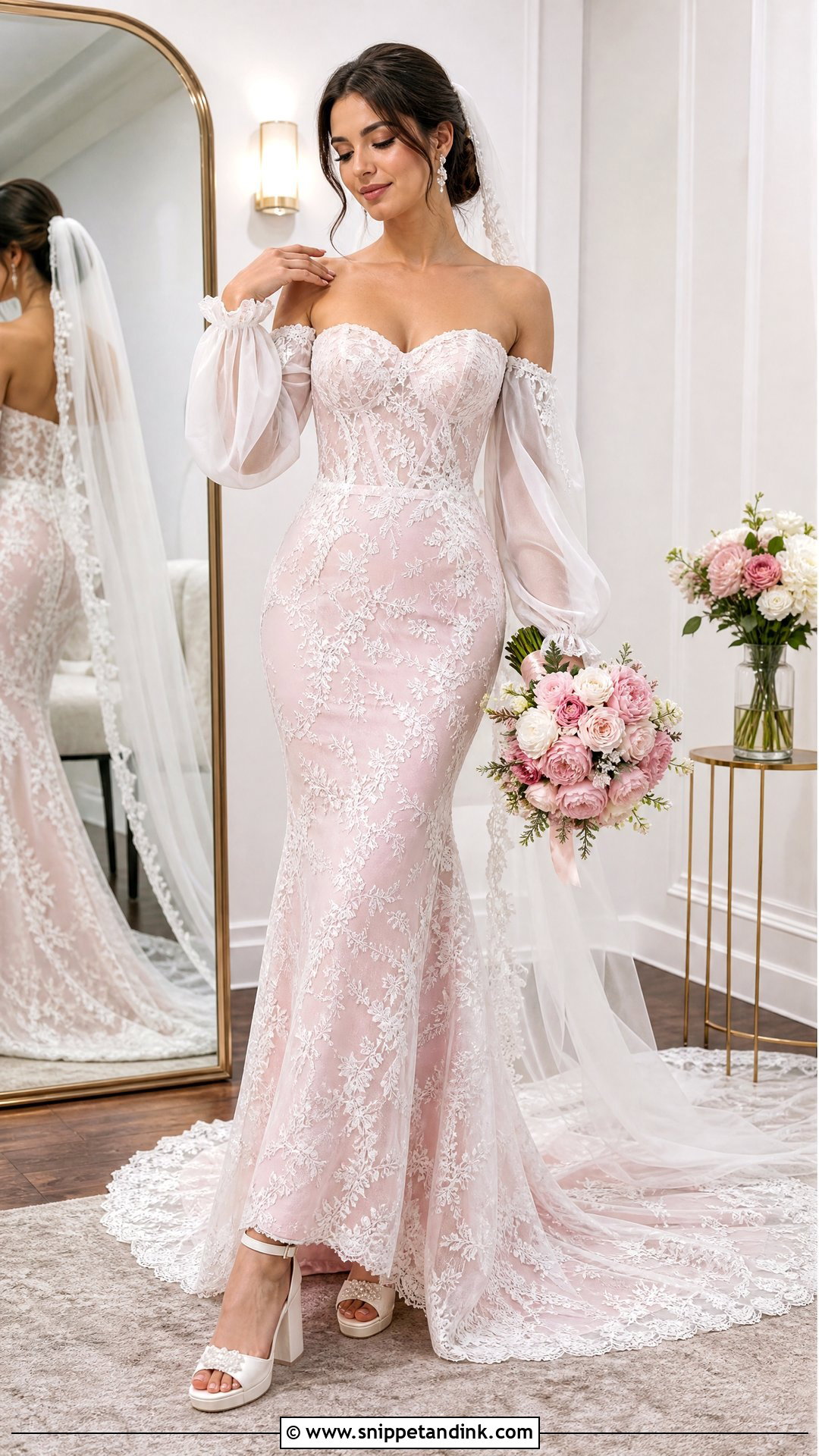 Pink and White Wedding Dress With Detachable Sleeves - Snippet and Ink - 20 Pink White Wedding Dress Ideas