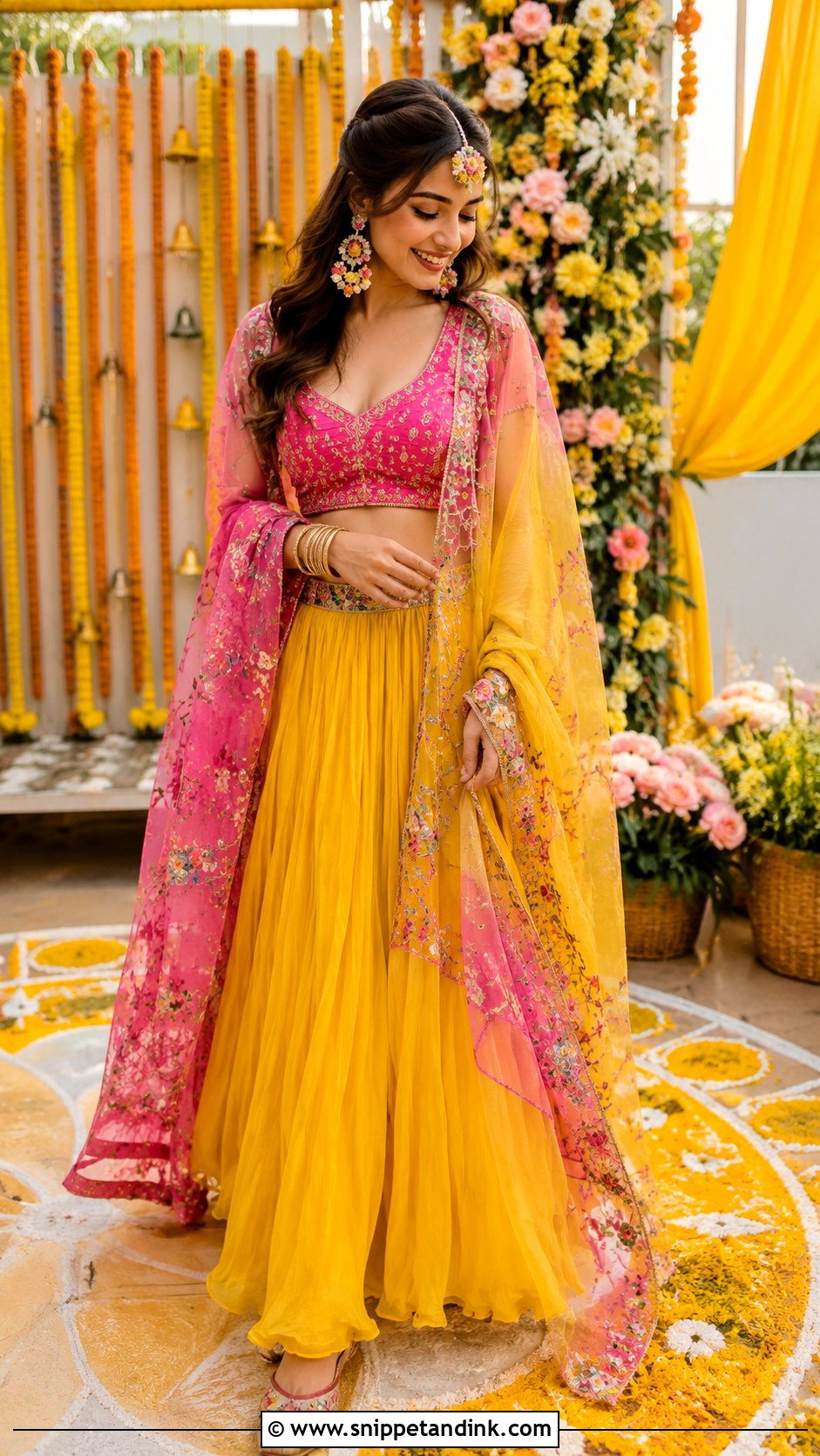 Pink and Yellow Lehenga for Haldi - Snippet and Ink - 20 Haldi Theme Dress Ideas