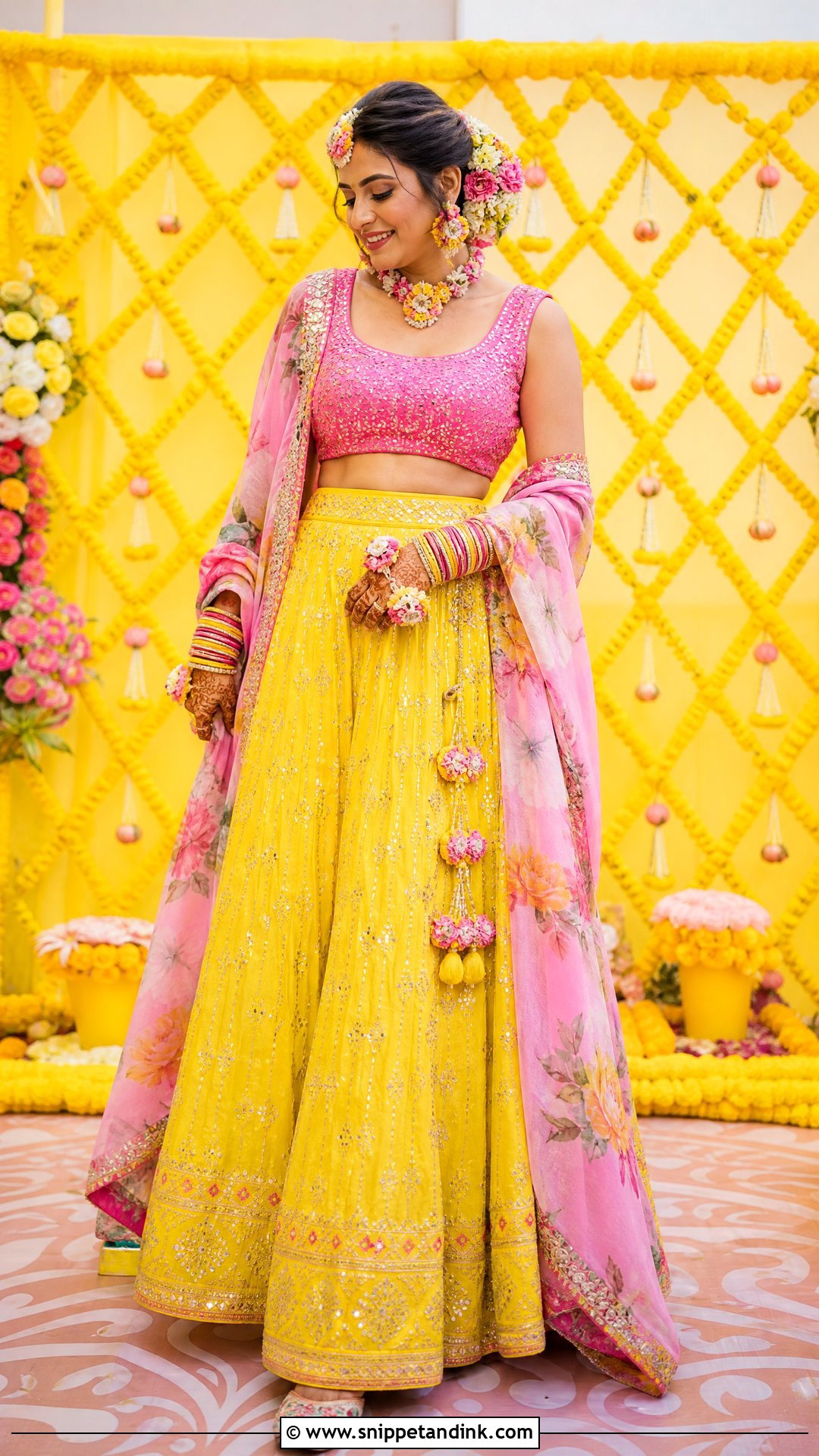 Pink and Yellow Lehenga for Haldi Function - Snippet and Ink - 25 Dress for Haldi Function Indian Weddings Ideas