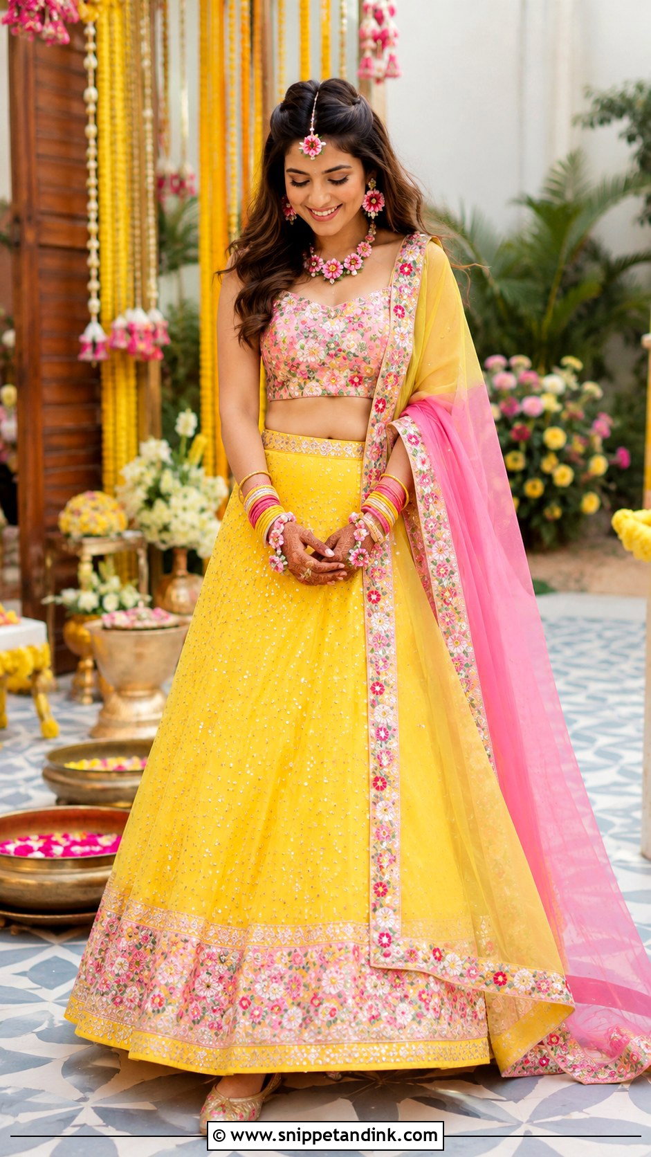 Pink and Yellow Lehenga for Haldi Mehendi - Snippet and Ink - 20 Haldi Mehendi Outfit for Bride Ideas