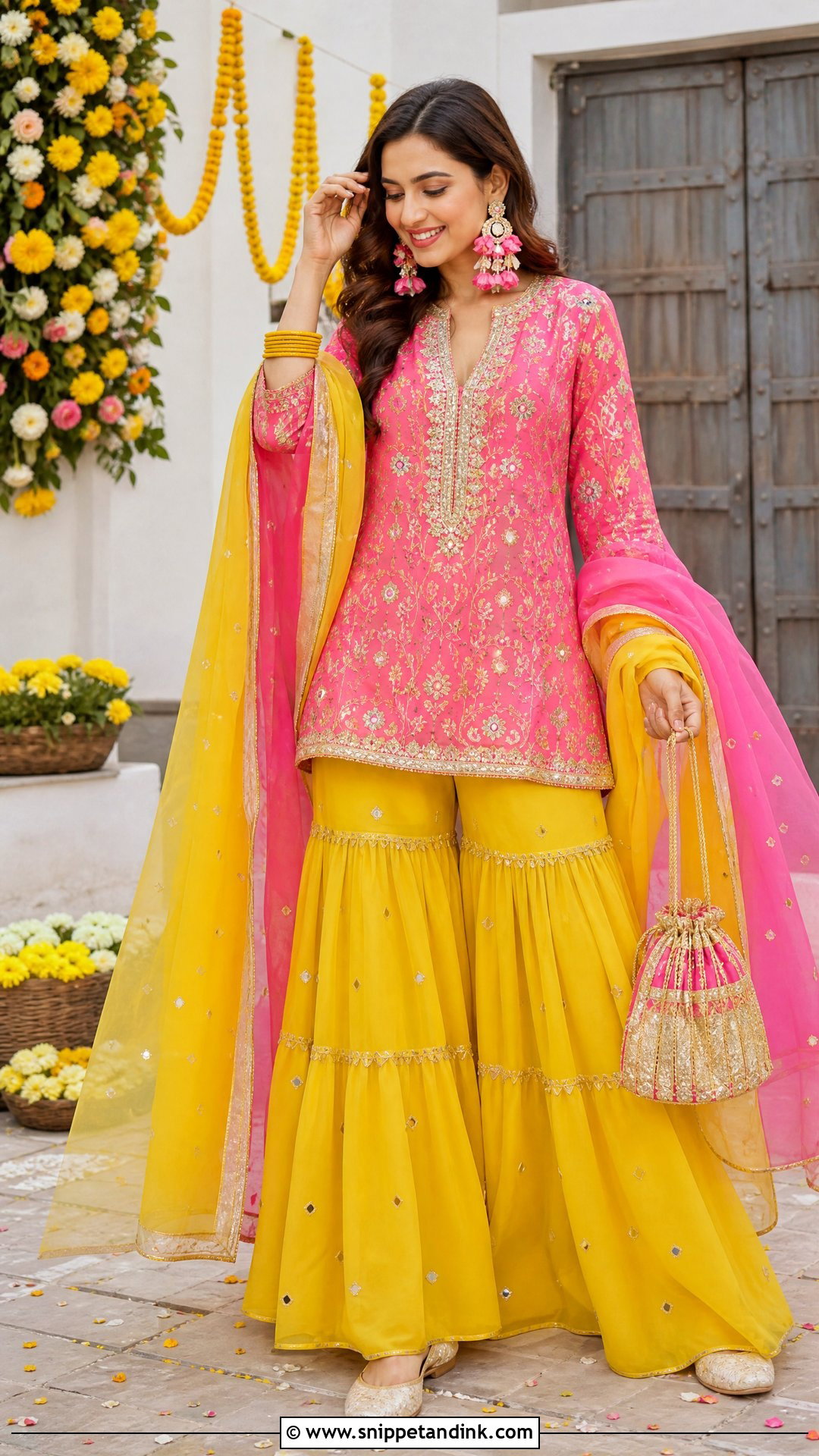 Pink and Yellow Sharara for Haldi - Snippet and Ink - 20 Sharara for Haldi Ideas