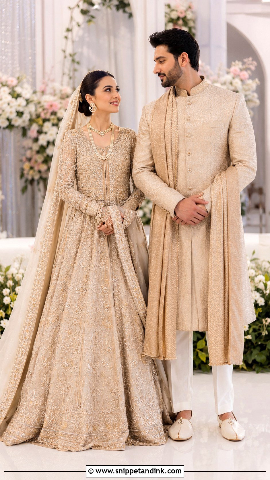 Pishwas And Sherwani Nikkah Couple Outfit - Snippet and Ink - 25 Nikkah Couple Outfit Ideas