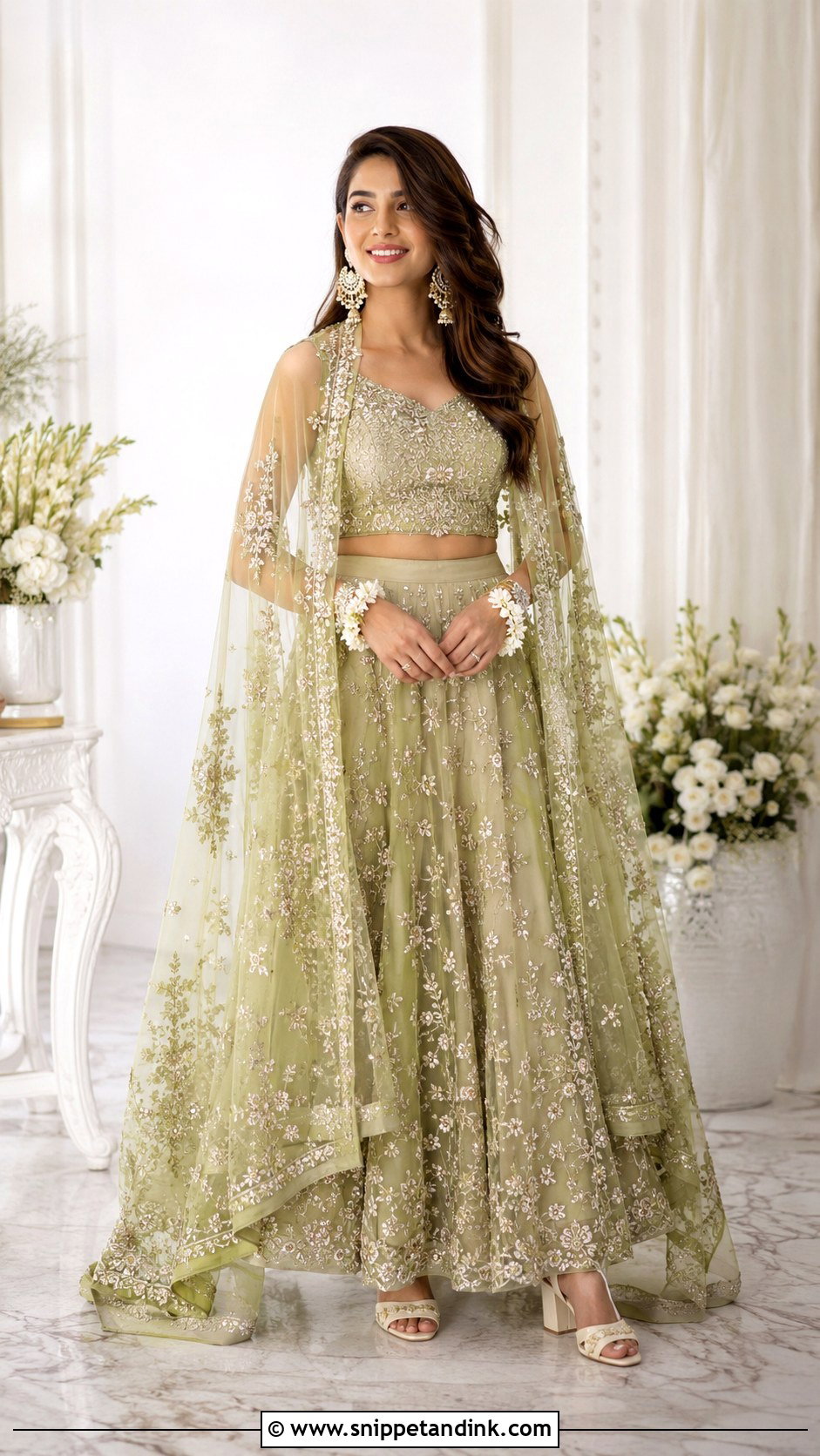 Pistachio Green Cape Skirt Bridal Mehndi Set - Snippet and Ink - 20 Green Bridal Mehndi Outfit Ideas