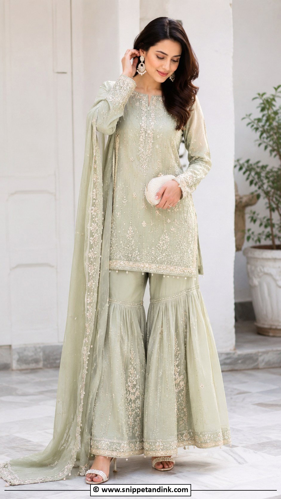 Pistachio Nikkah Sharara With Pearl Heels - Snippet and Ink - 30 Nikkah Look Ideas