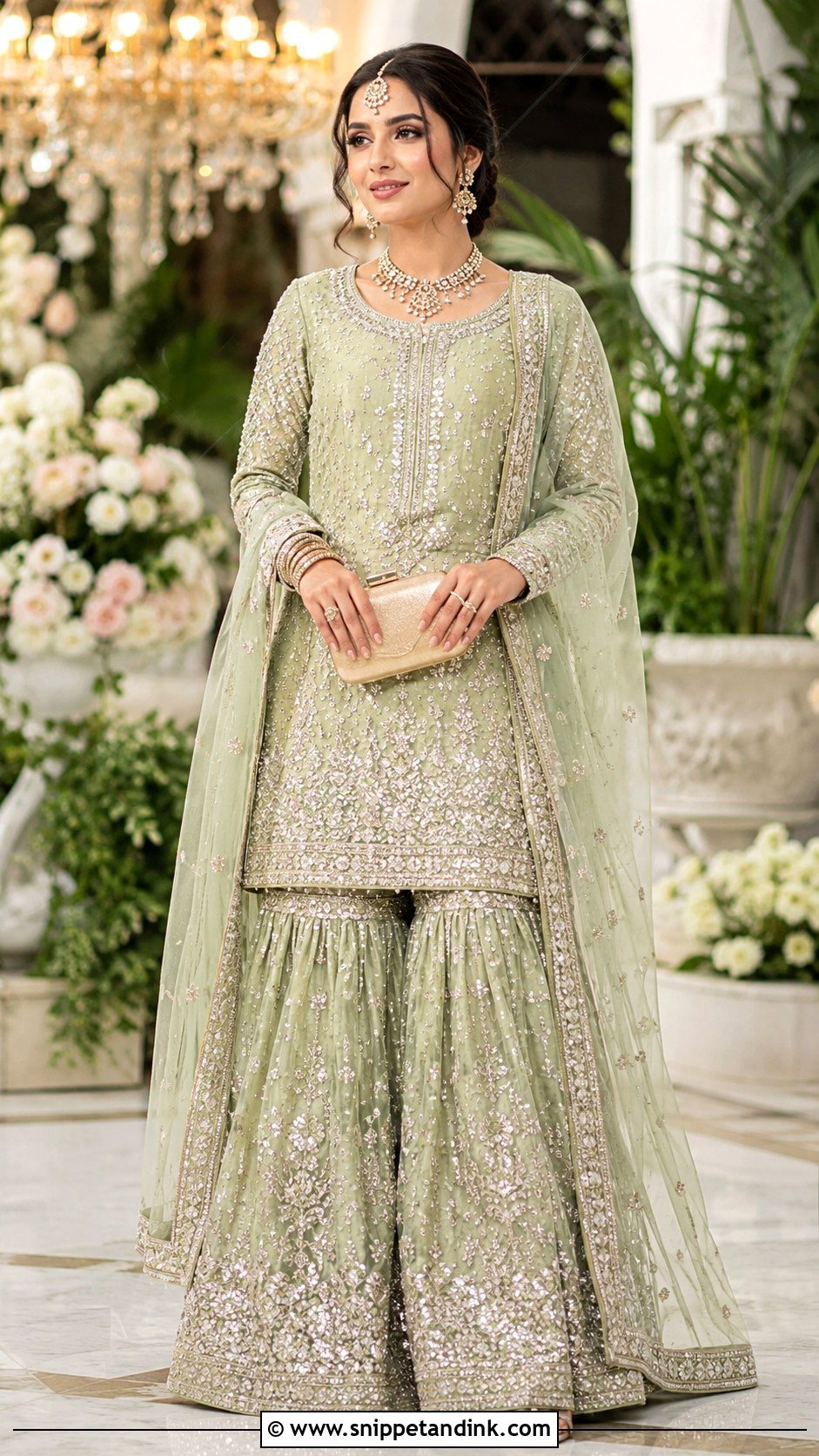 Pistachio Walima Bridal Gharara - Snippet and Ink - 30 Walima Bridal Look Ideas