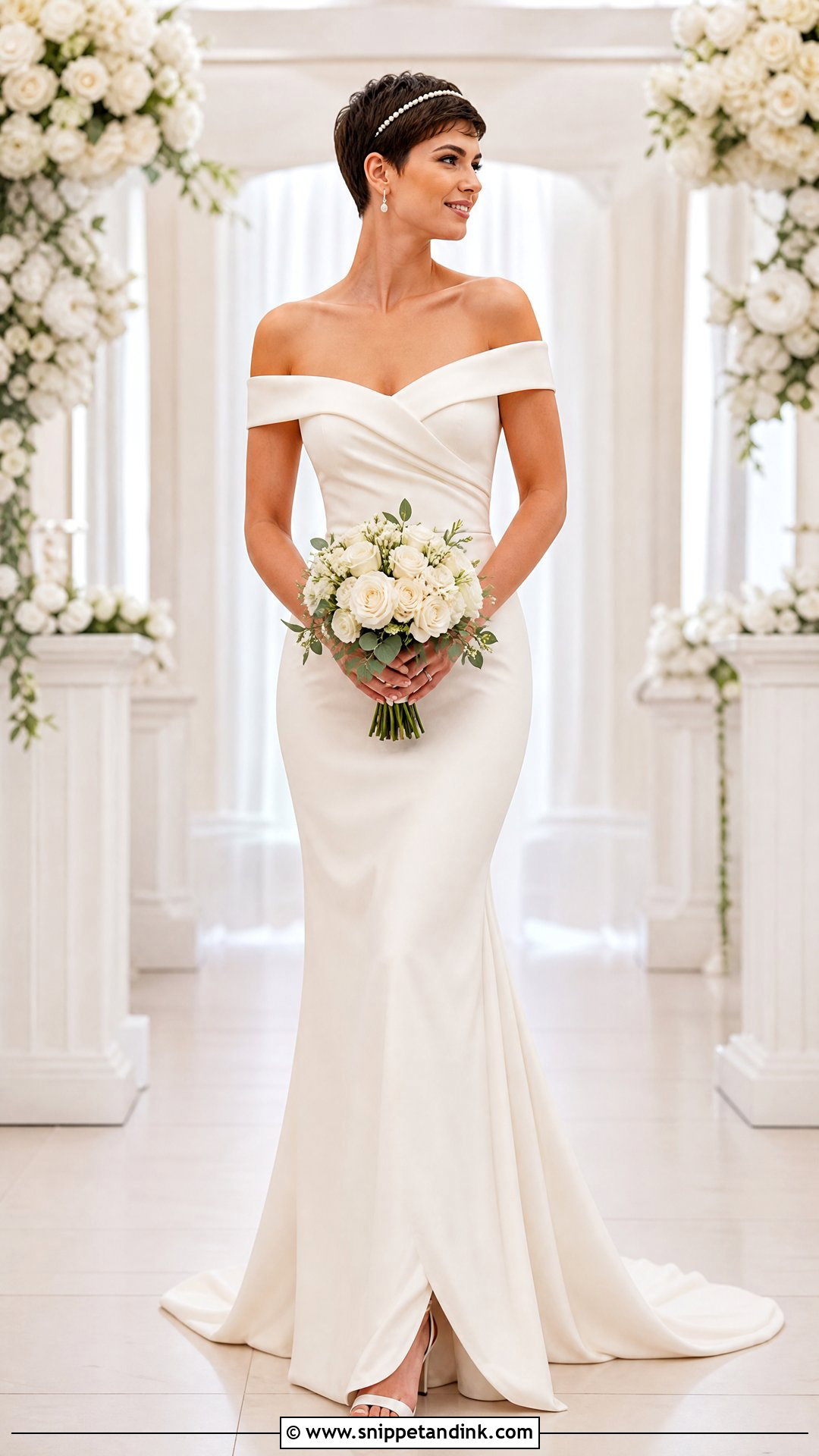 Pixie Cut With Bridal Headband for Off the Shoulder Wedding Dress - Snippet and Ink - 25 Off the Shoulder Wedding Dress Hairstyle Ideas