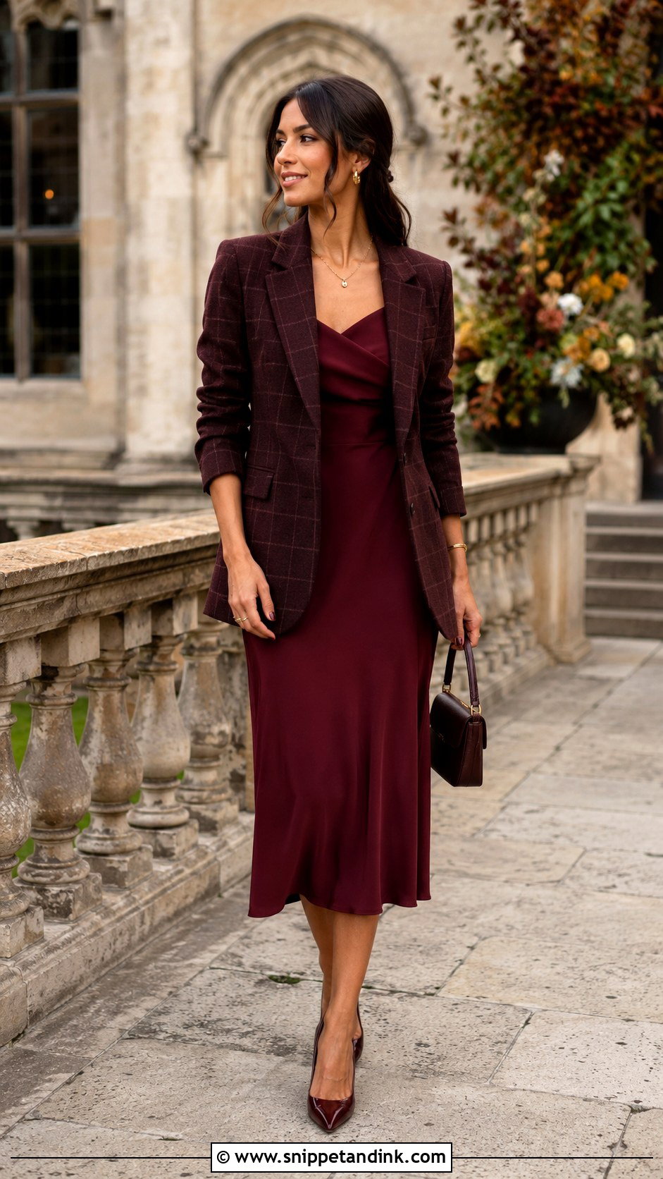 Plaid Blazer With Monochrome Midi Dress - Snippet and Ink - 20 Blazer for Wedding Ideas