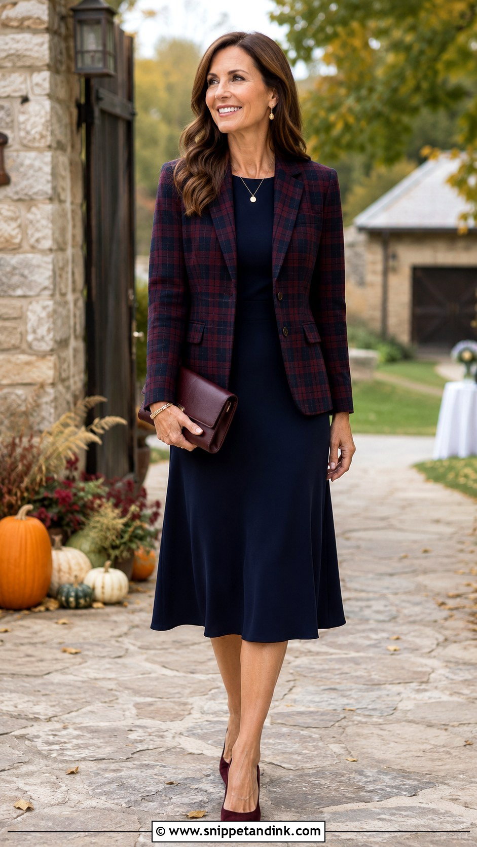 Plaid Blazer With Solid Midi Dress - Snippet and Ink - 20 Blazer Outfit for Wedding Ideas