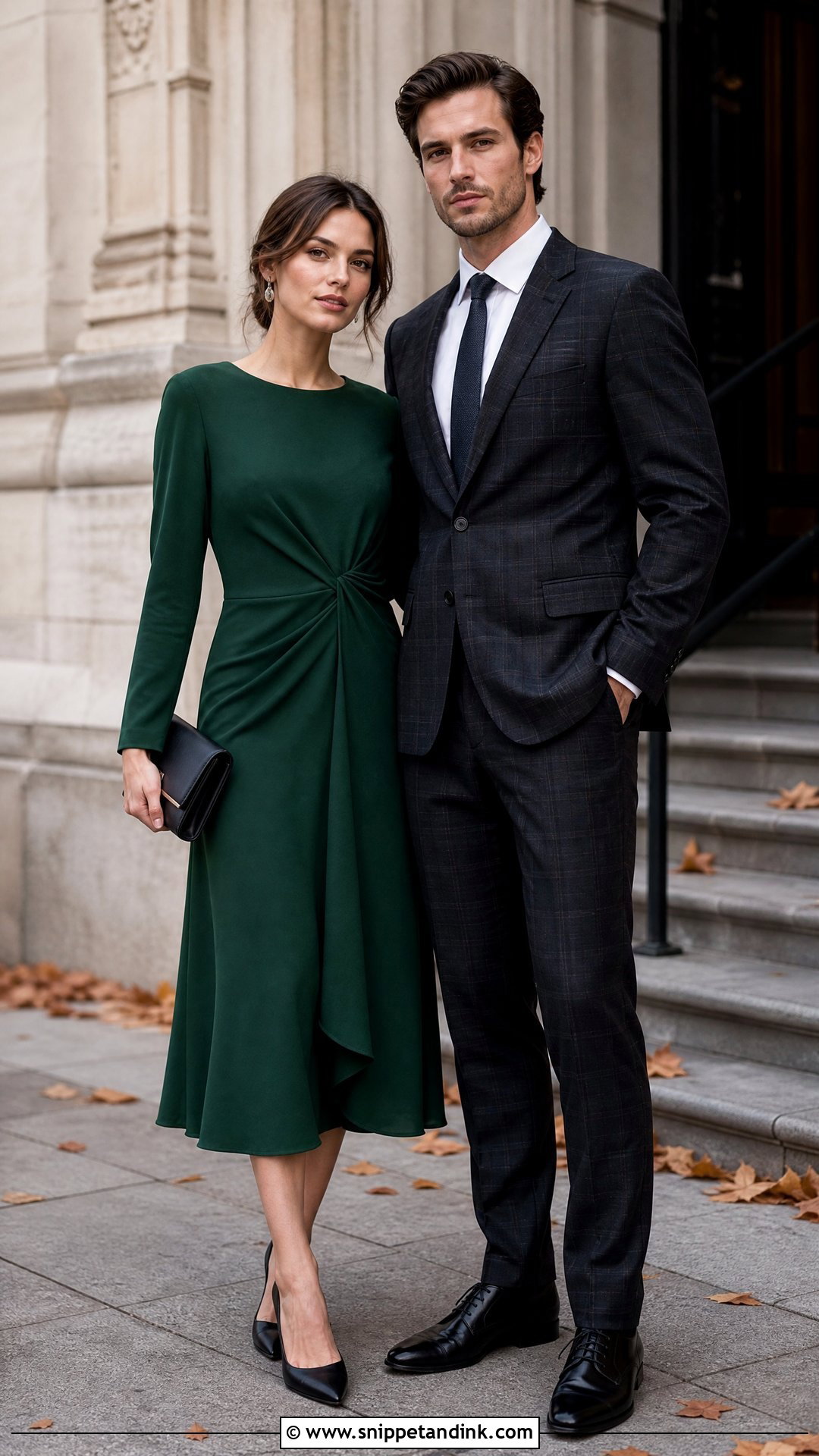 Plaid Suit And Solid Green Dress Wedding Outfit - Snippet and Ink - 20 Wedding Date Outfit Couple Ideas