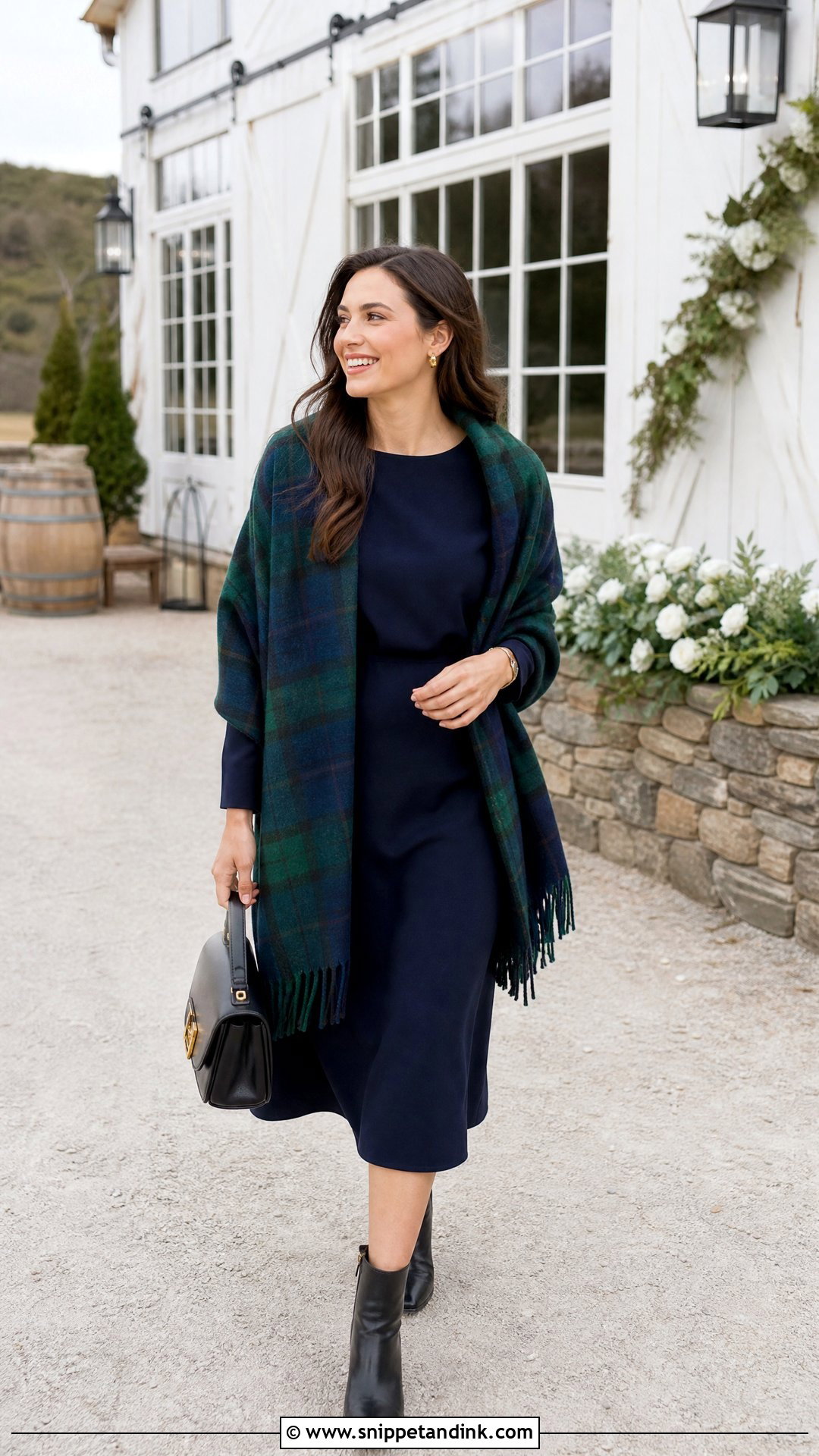 Plaid Wool Shawl With Winter Wedding Guest Dress - Snippet and Ink - 20 Winter Wedding Shawl Ideas