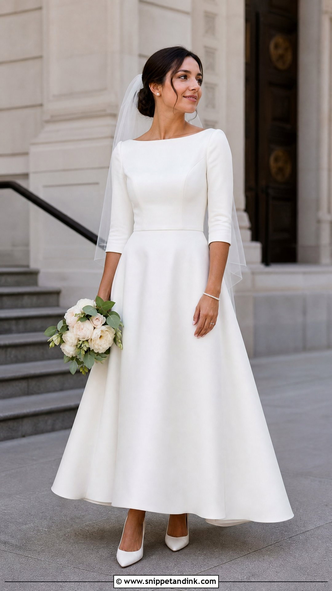 Plain Boat Neck Wedding Dress With Three Quarter Sleeves - Snippet and Ink - 20 Plain Wedding Dress with Sleeves