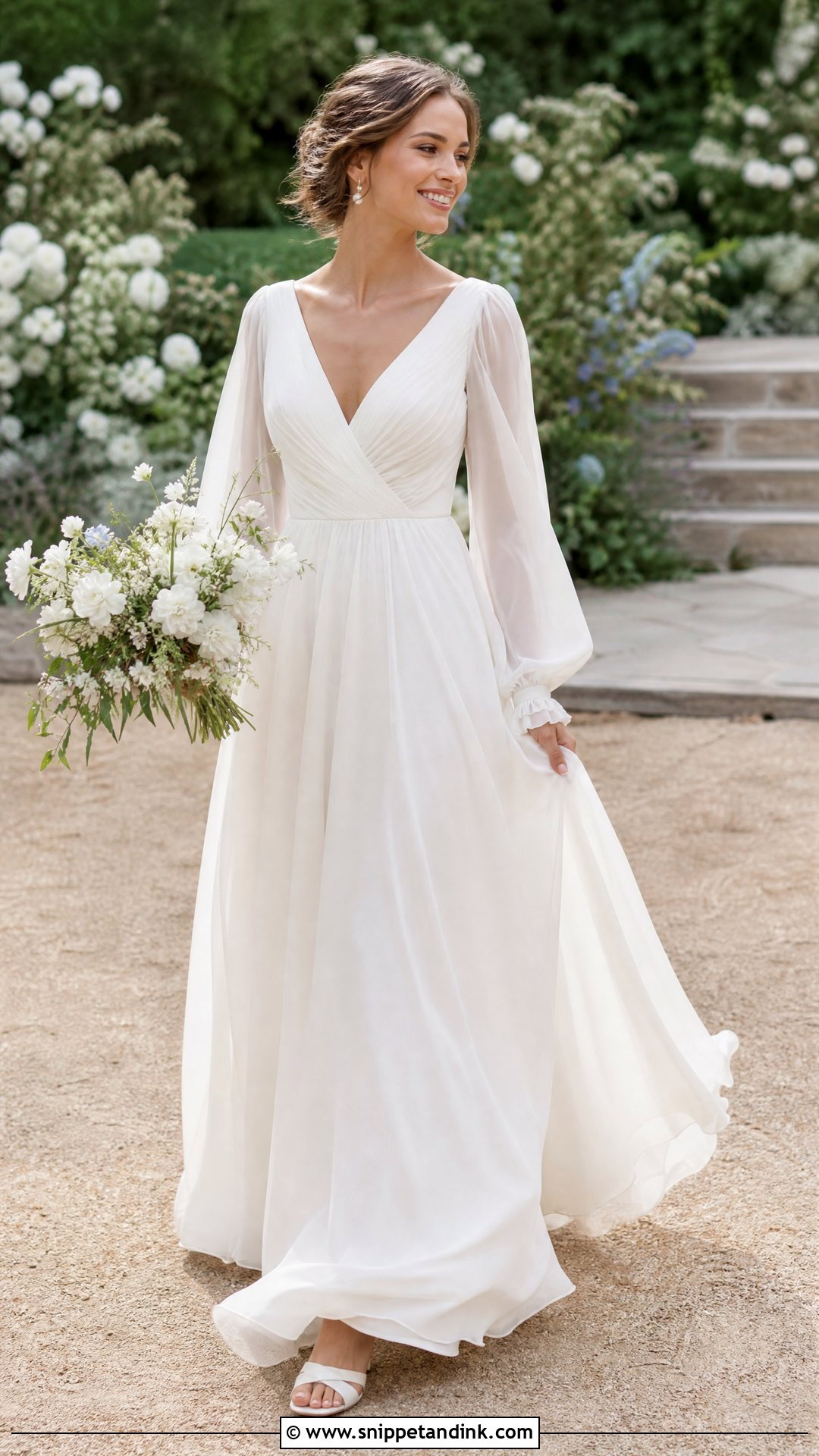 Plain Chiffon A Line Wedding Dress With Bishop Sleeves - Snippet and Ink - 20 Plain Wedding Dress with Sleeves