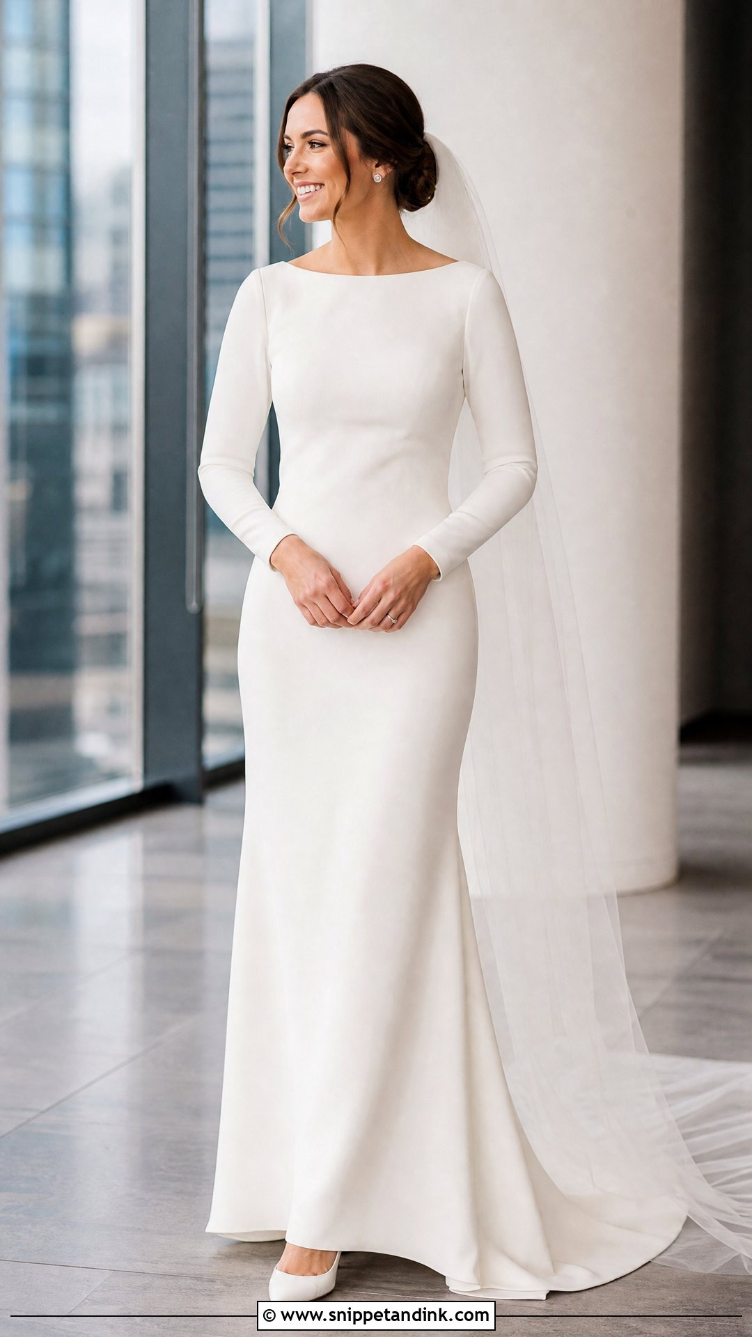 Plain Crepe Sheath Wedding Dress With Fitted Sleeves - Snippet and Ink - 20 Plain Wedding Dress with Sleeves