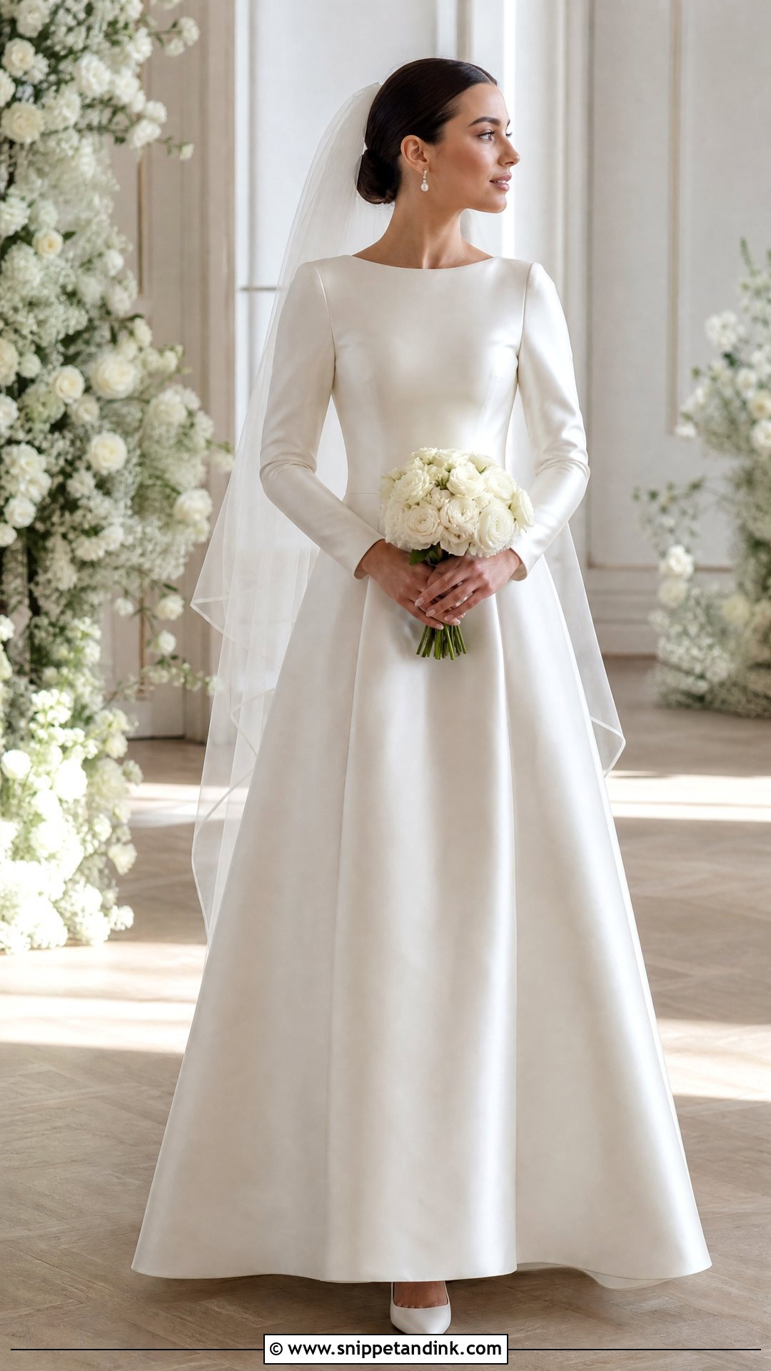 Plain Satin A Line Wedding Dress With Long Sleeves - Snippet and Ink - 20 Plain Wedding Dress with Sleeves
