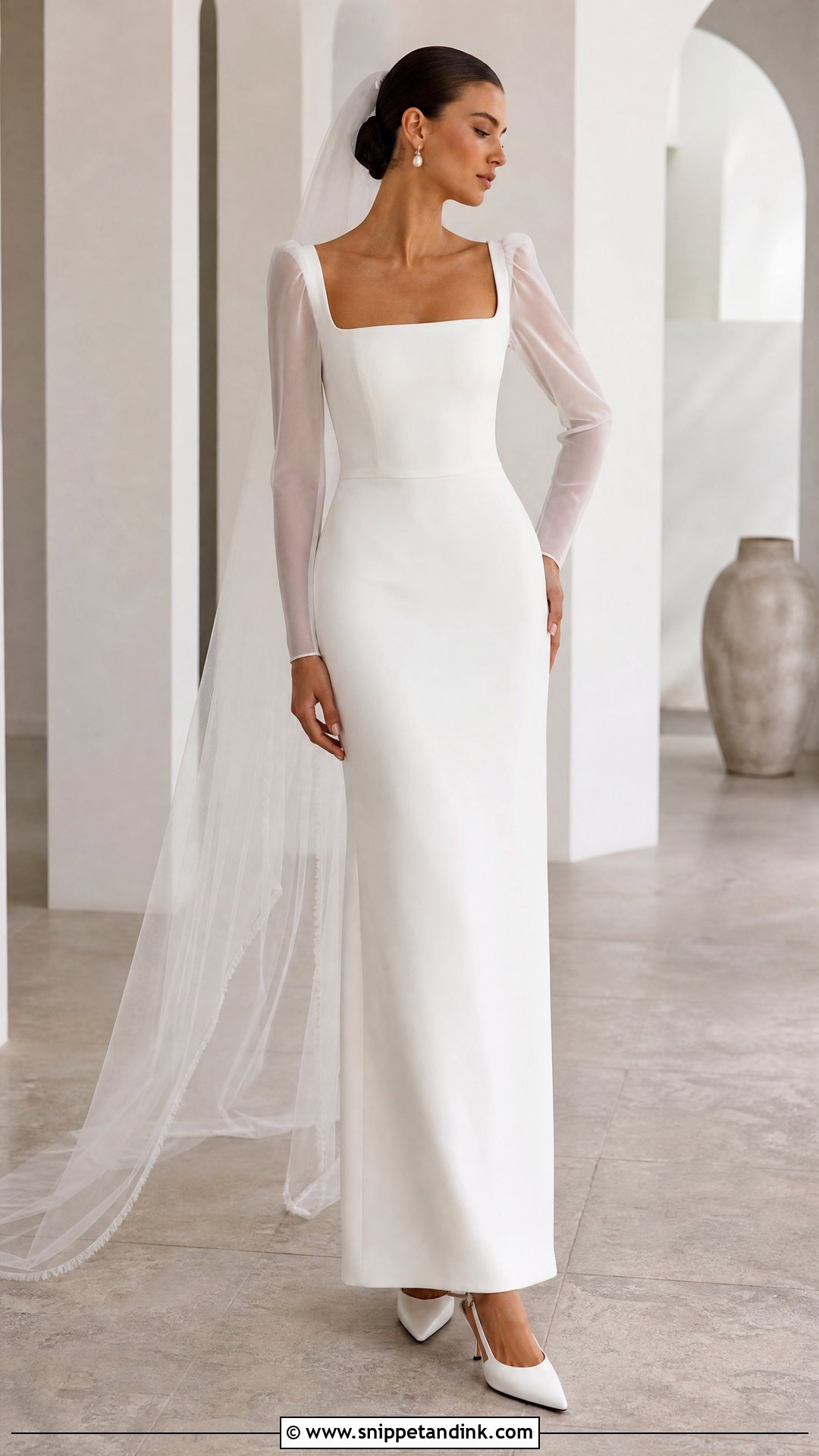 Plain Tulle Sheer Sleeve Crepe Wedding Dress - Snippet and Ink - 20 Sheer Sleeve Wedding Dress Ideas
